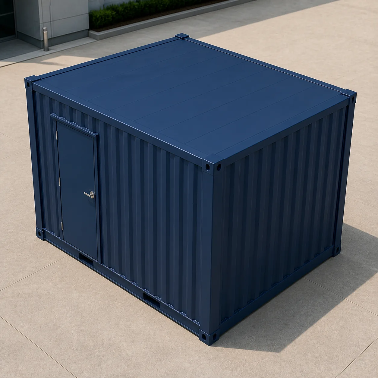 Aerial view of the navy 10 ft edge data center container and its flat ISO roof