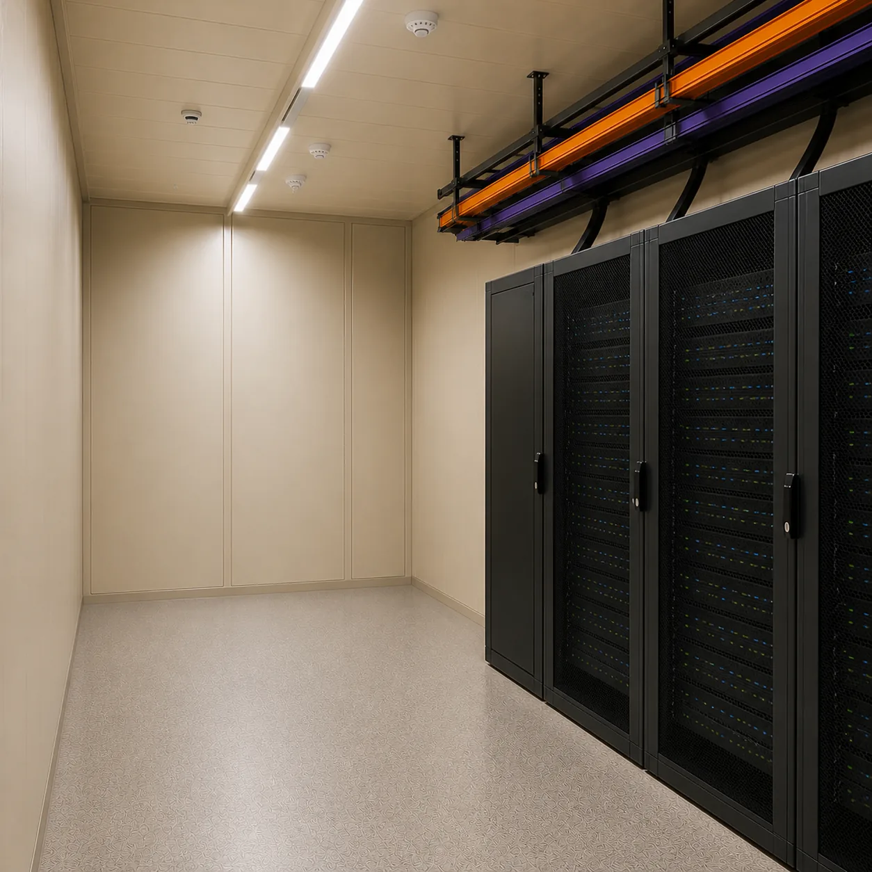 Rack bays and a louvred in row cooling unit inside the 20 ft edge data center container
