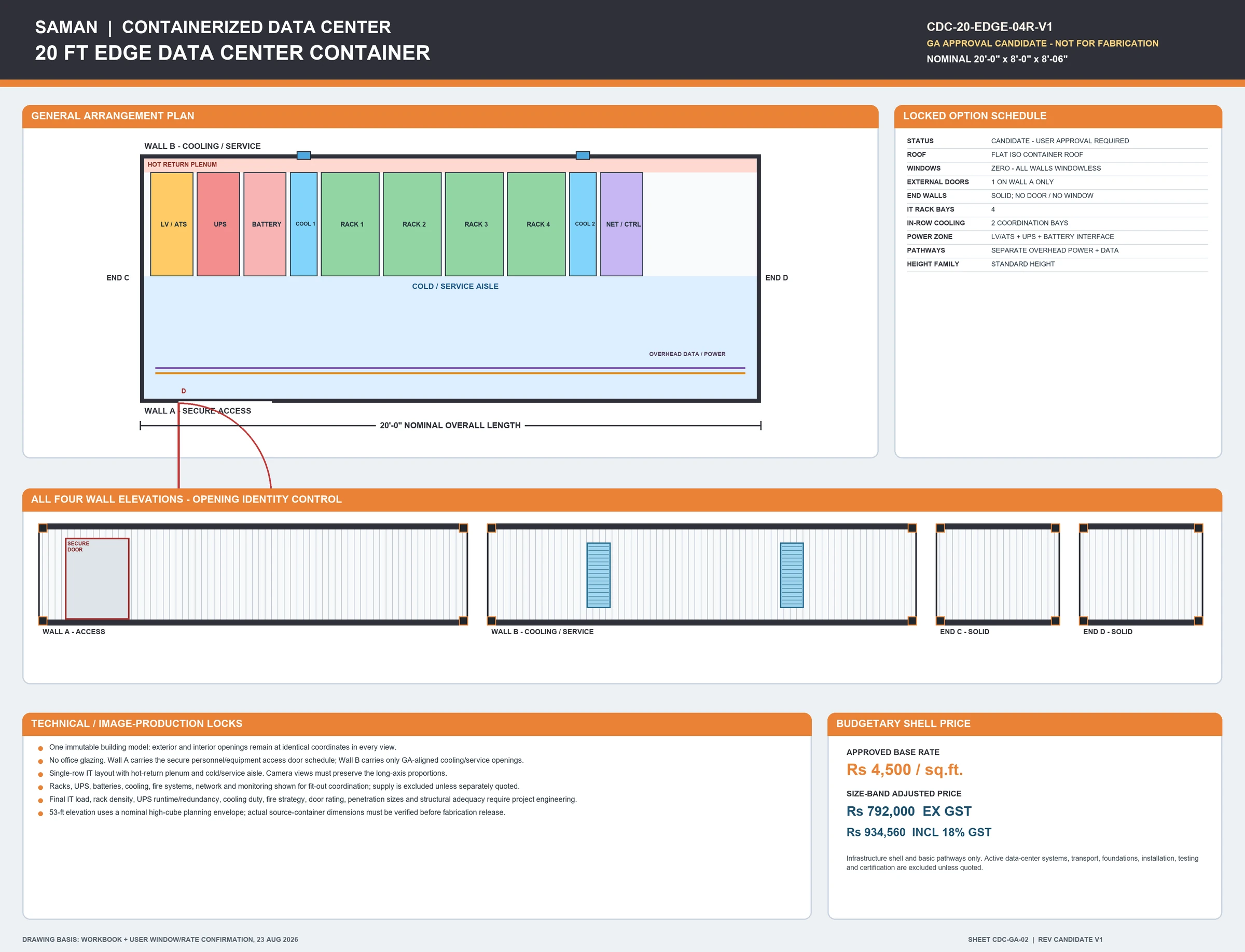 Approved general arrangement board CDC-GA-02 for the 20 ft edge data center container