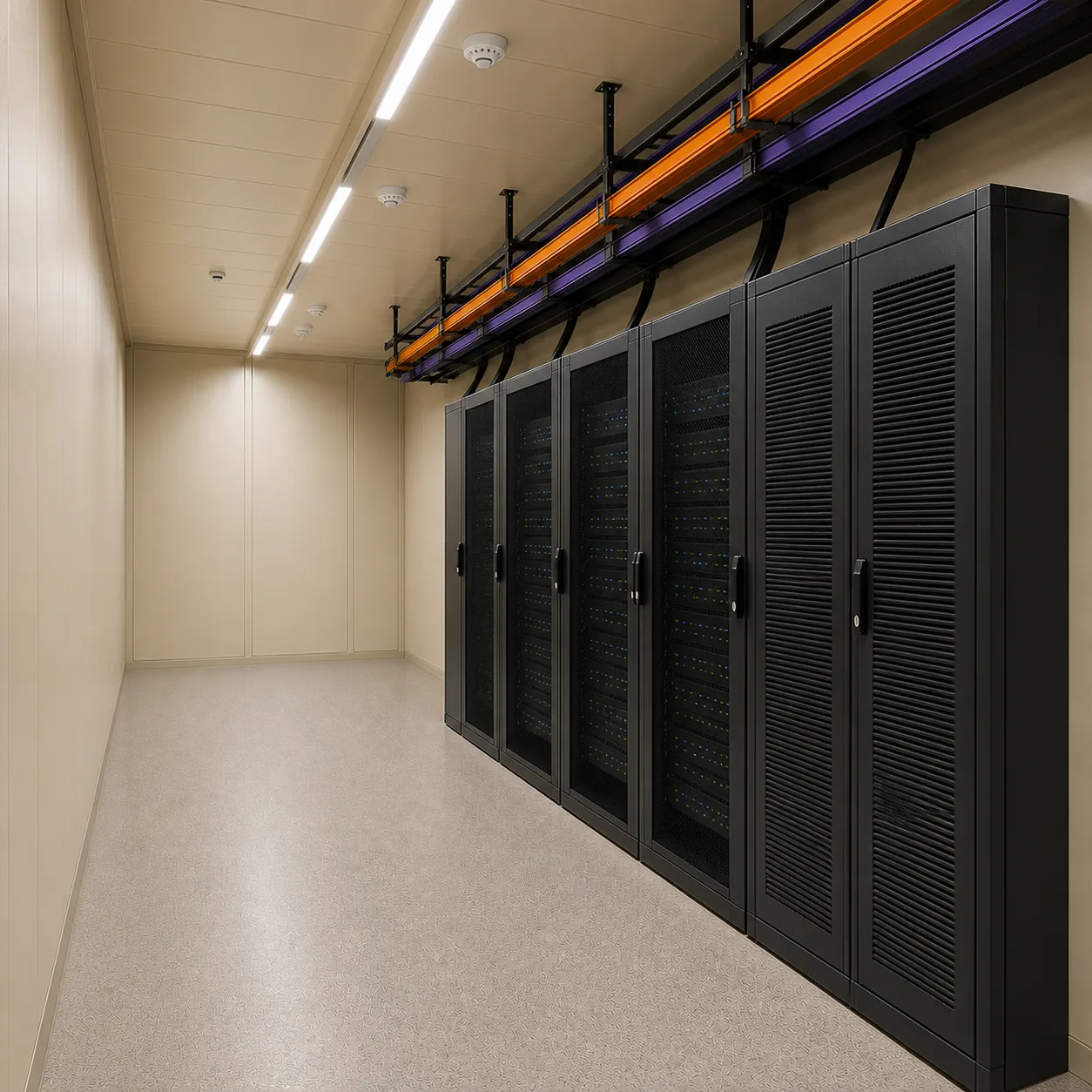 Reverse view of the 20 ft edge unit, rack bays and louvred cooling units on the right