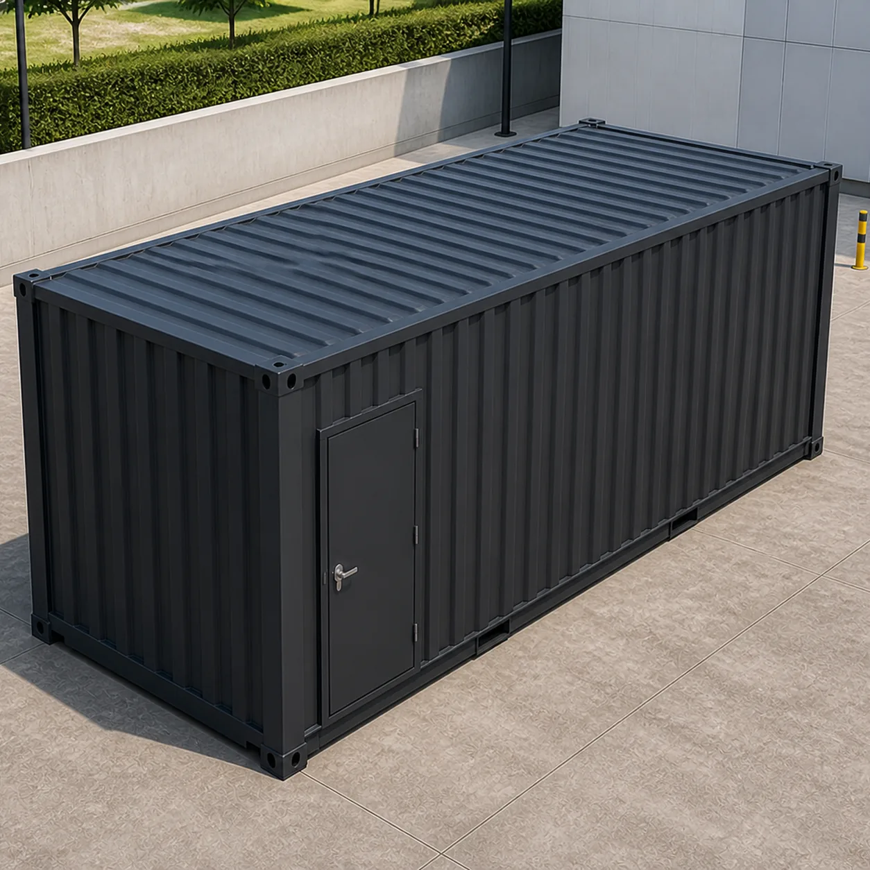 Aerial view of the charcoal 20 ft edge data center container and its flat ISO roof