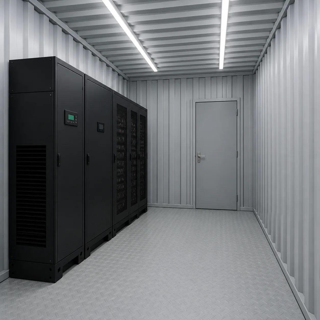 Power and control zone of the 20 ft high cube unit, with the door through to white space