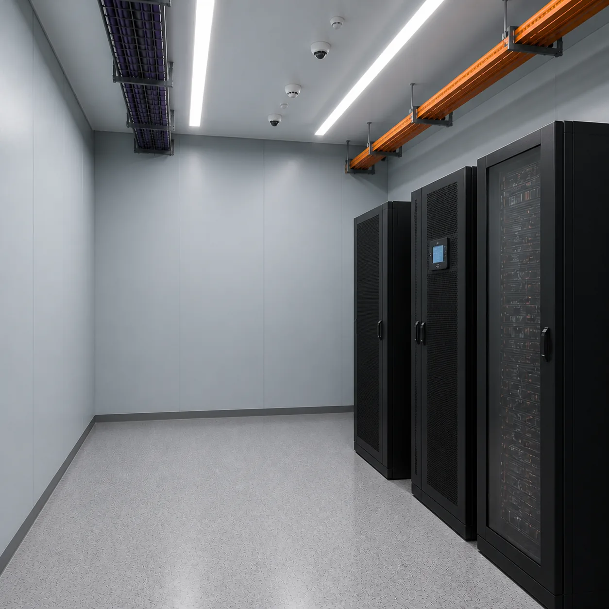 Rack bays and an in row cooling unit inside the 20 ft high cube all in one data center