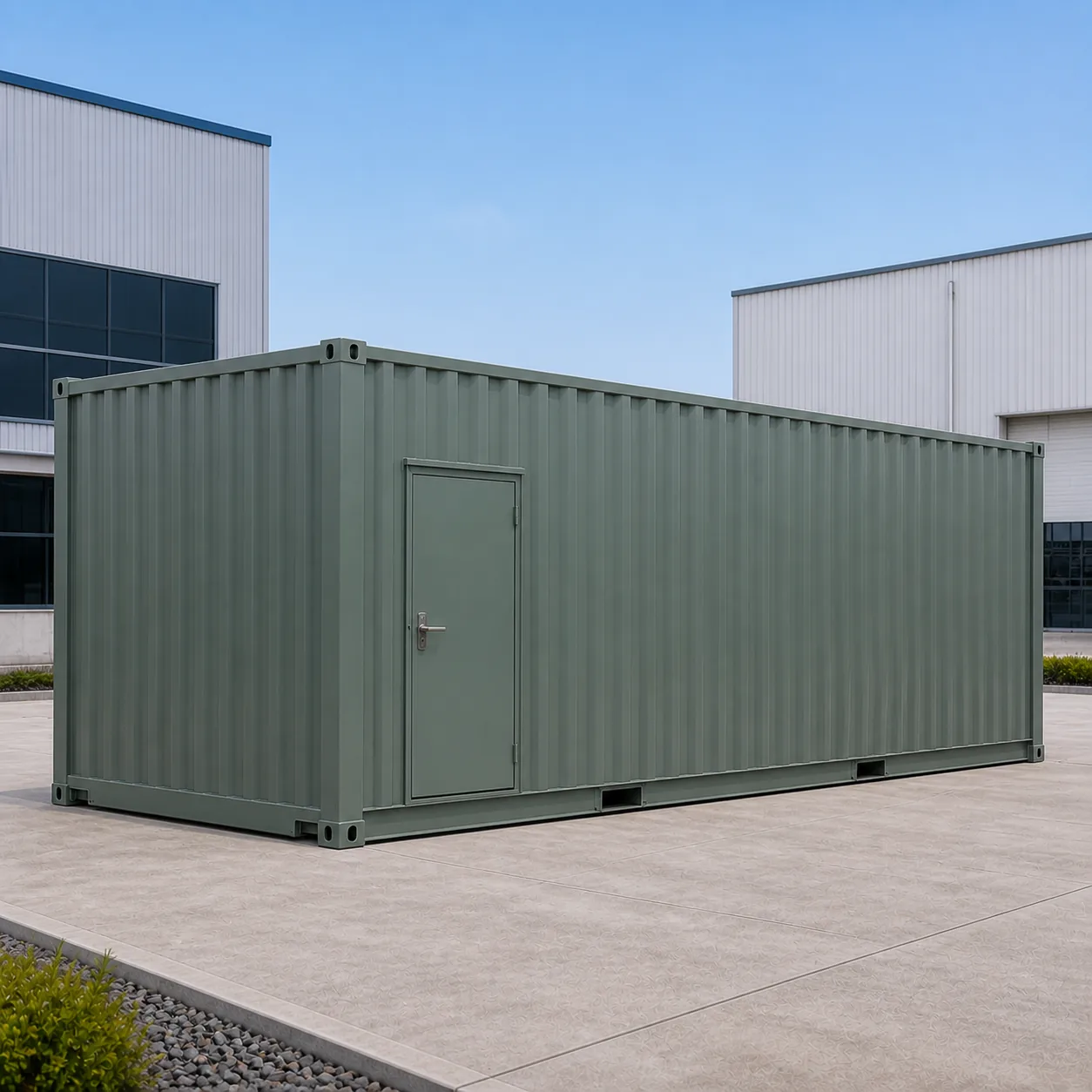Sage green 20 ft high cube data center container with one secure door on the access wall