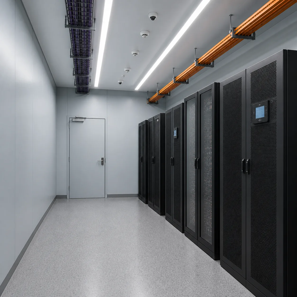 White space of the 20 ft high cube unit, rack bays under overhead power and data trays