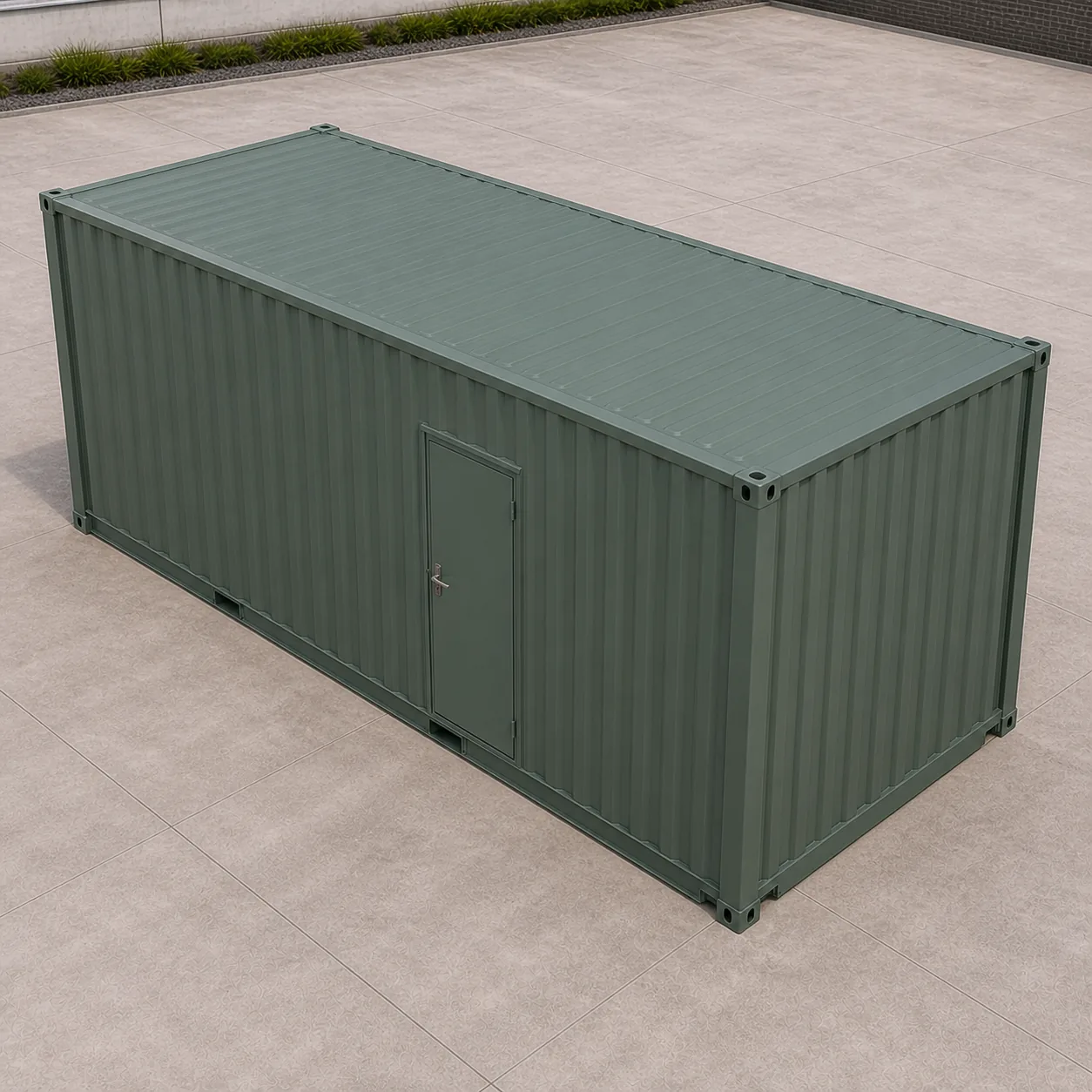 Aerial view of the sage green 20 ft high cube data center container and its flat roof