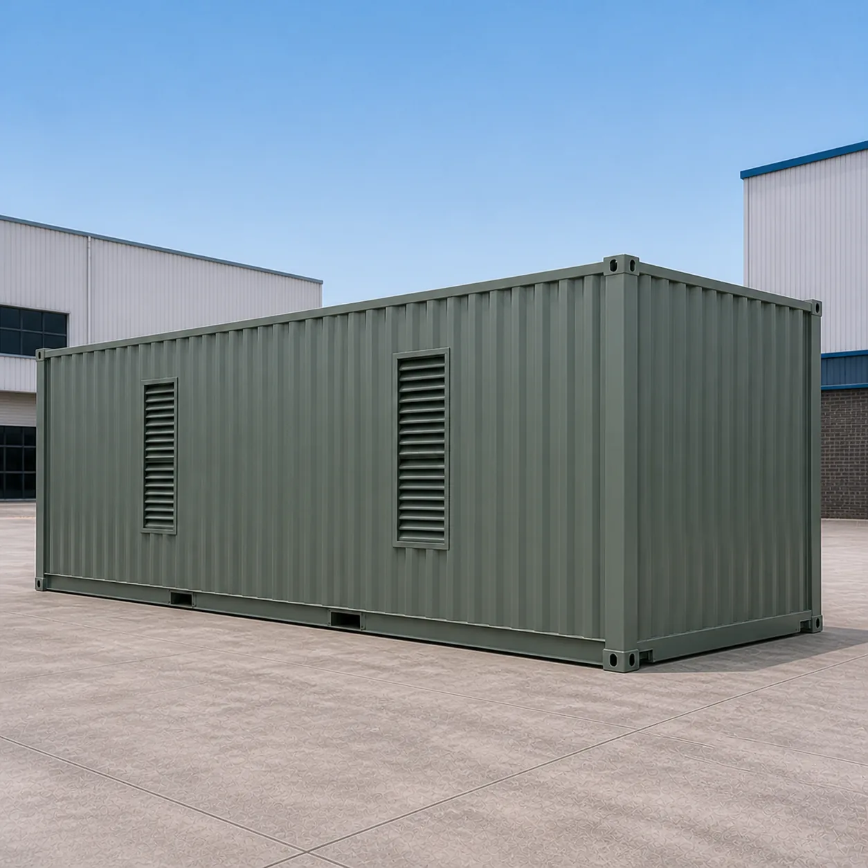Sage green 20 ft high cube data center container, two cooling louvres on the service wall