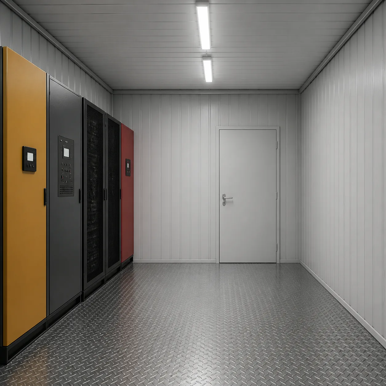 Power and control zone of the 40 ft high cube unit, with the door to the white space