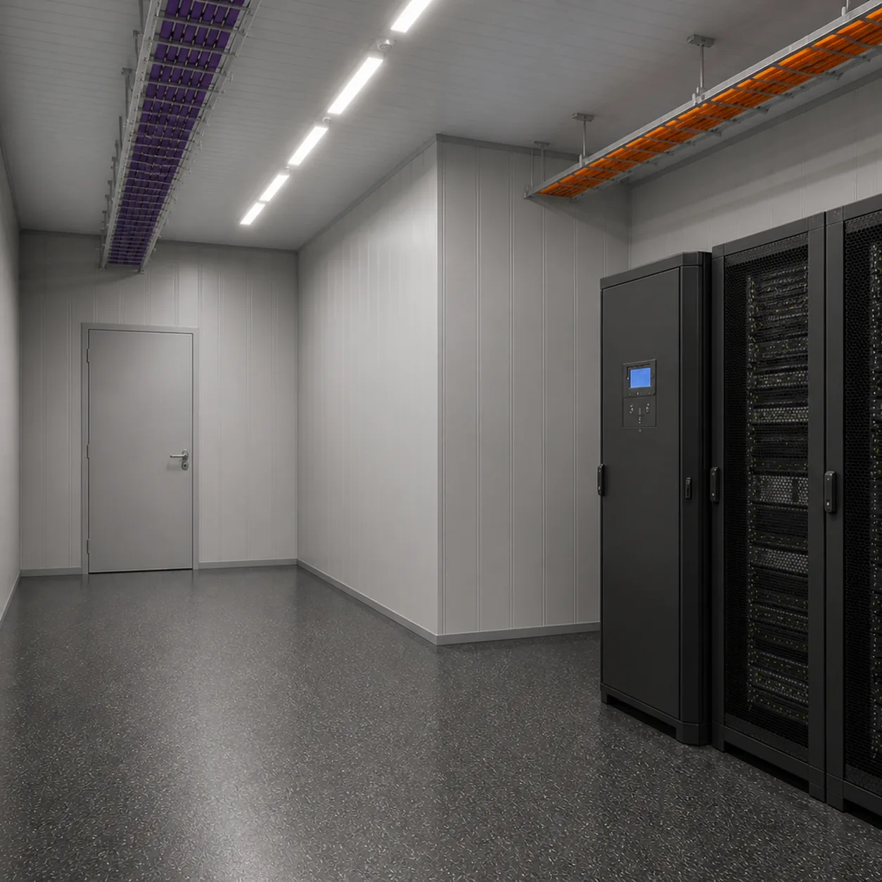 In row cooling unit beside the rack bays in the 40 ft high cube data center container