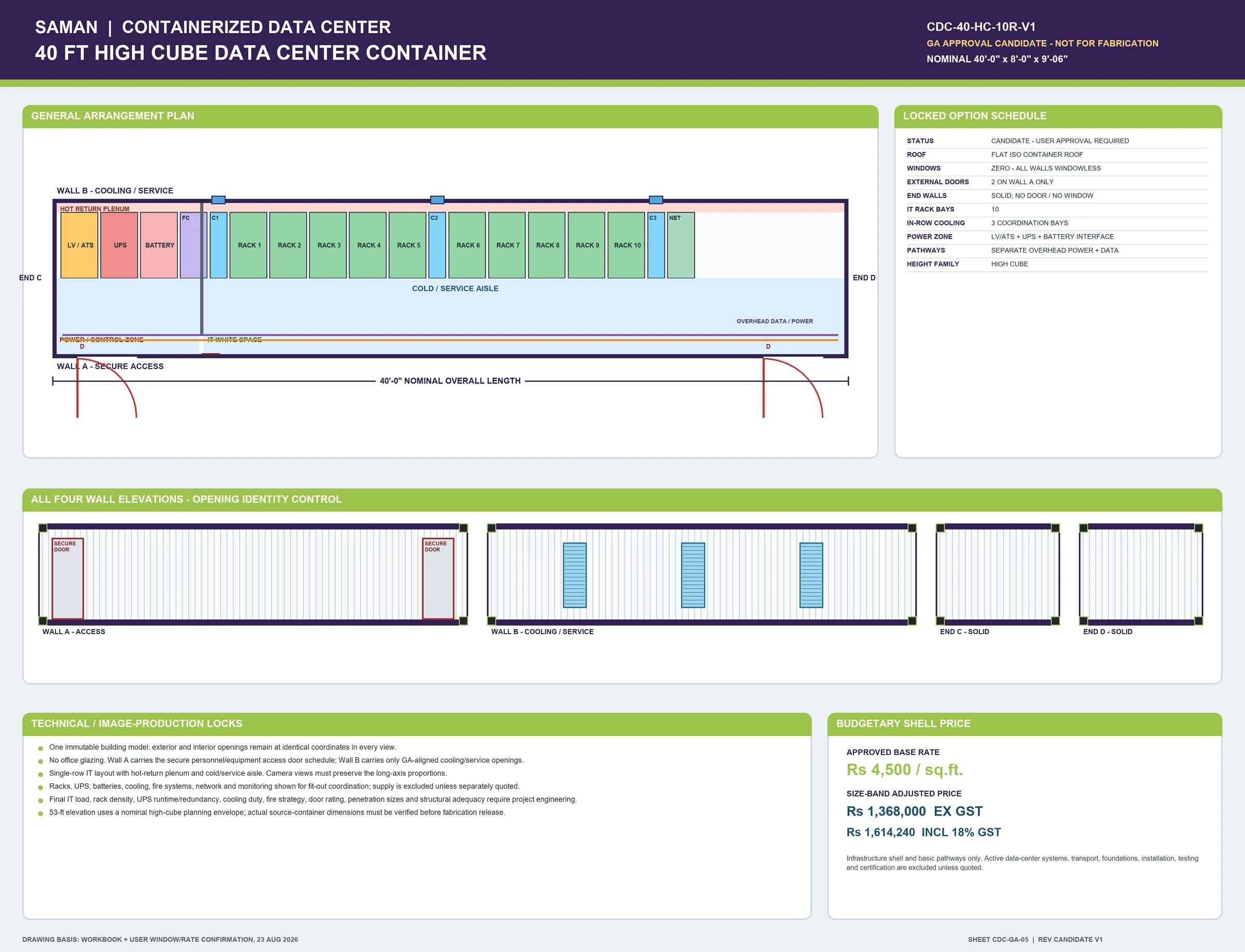 Approved general arrangement board CDC-GA-05 for the 40 ft high cube data center unit