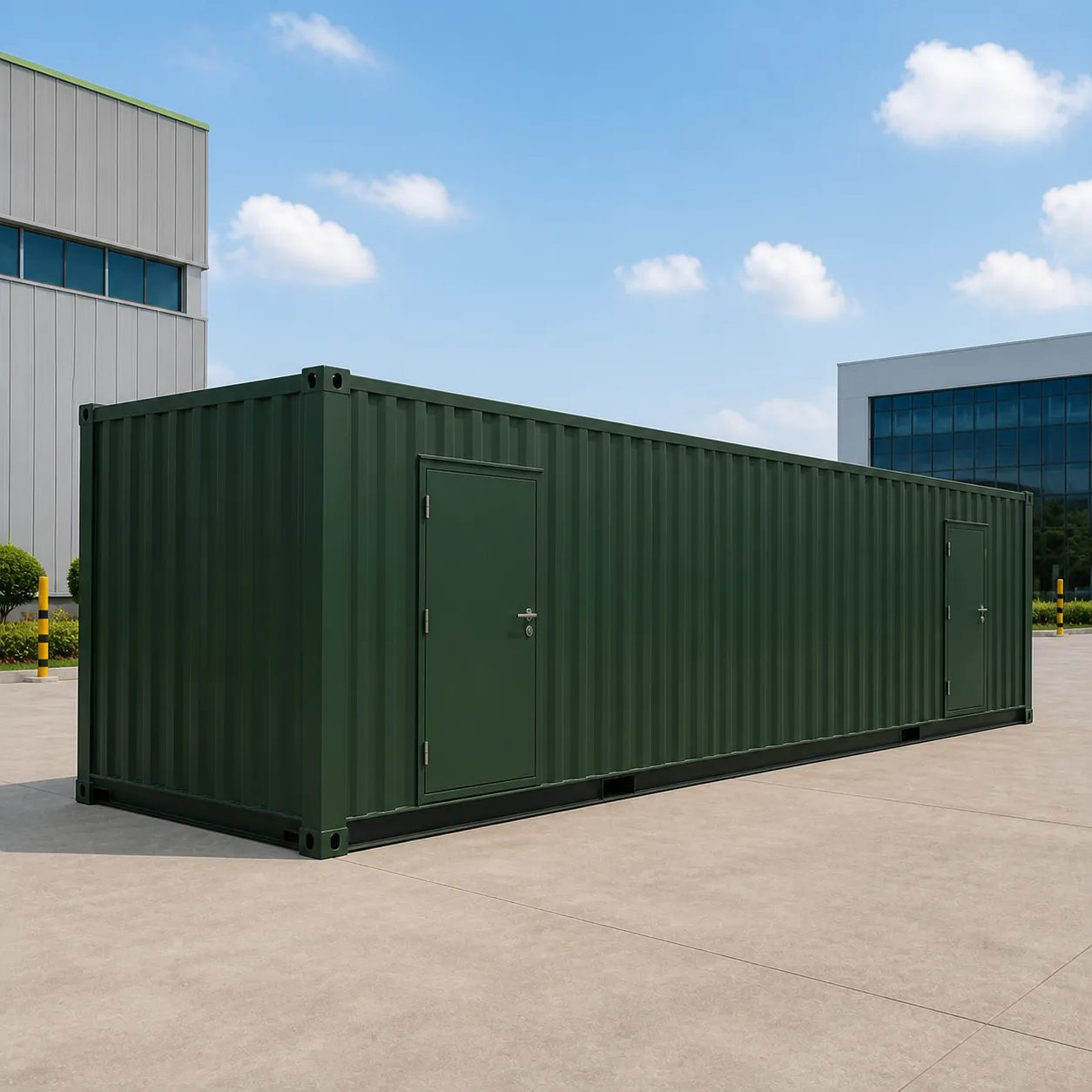 Dark green 40 ft high cube data center container with two secure doors on the access wall