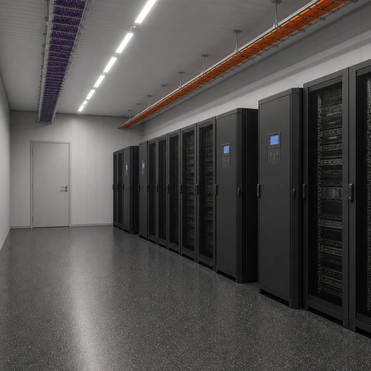 White space of the 40 ft high cube unit, ten rack bays and in row cooling positions