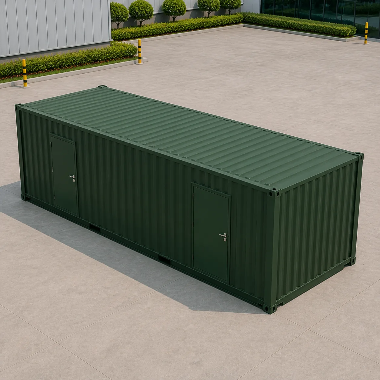 Aerial view of the dark green 40 ft high cube data center container and its flat roof