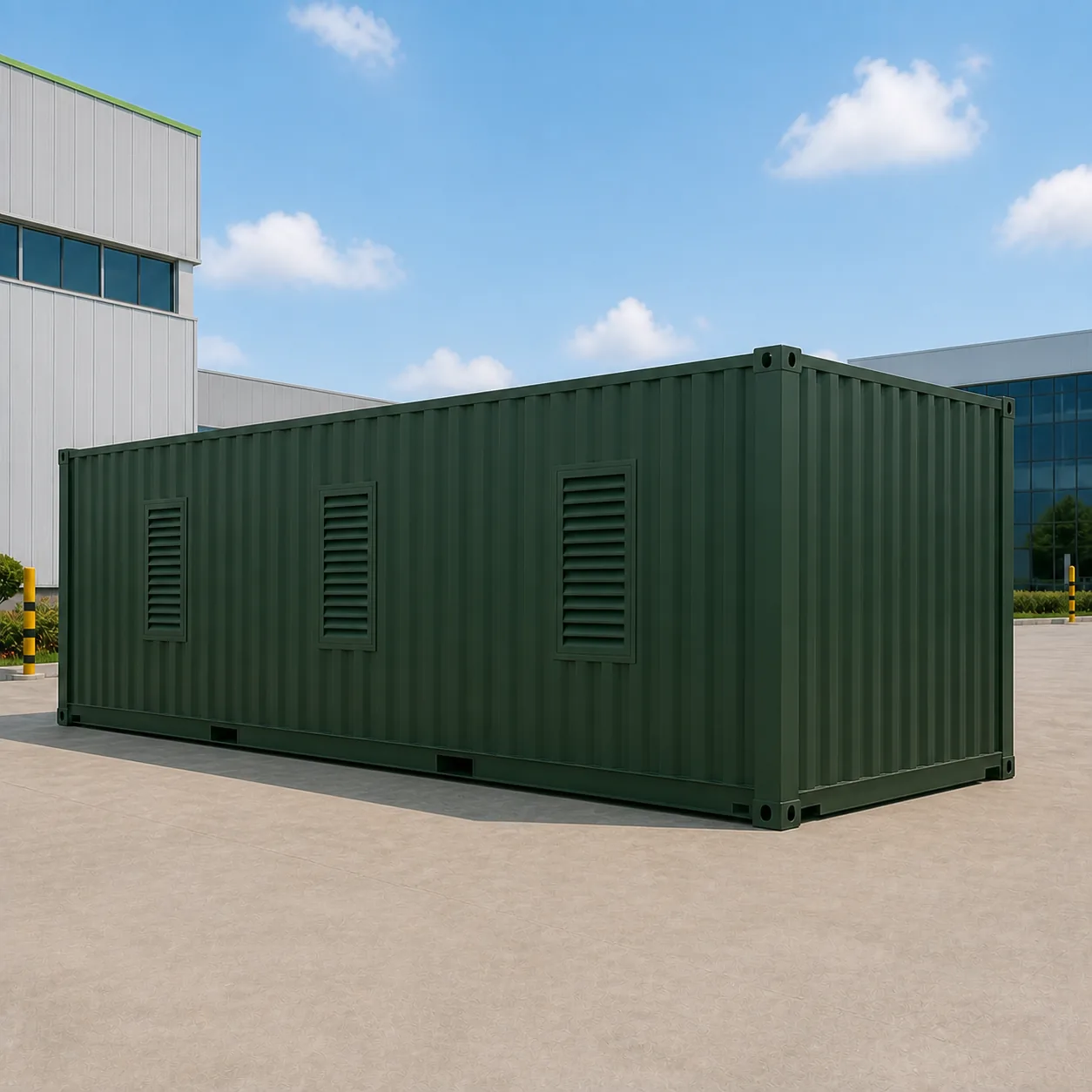 Dark green 40 ft high cube data center container, three cooling louvres on the service wall