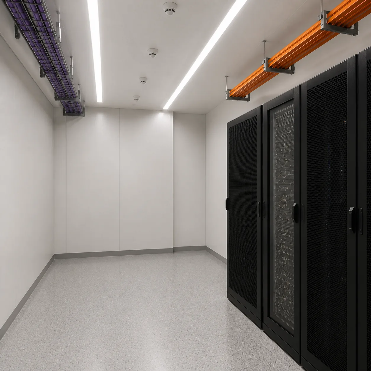 Rack bays and overhead power and data pathways in the 40 ft ISO data center container
