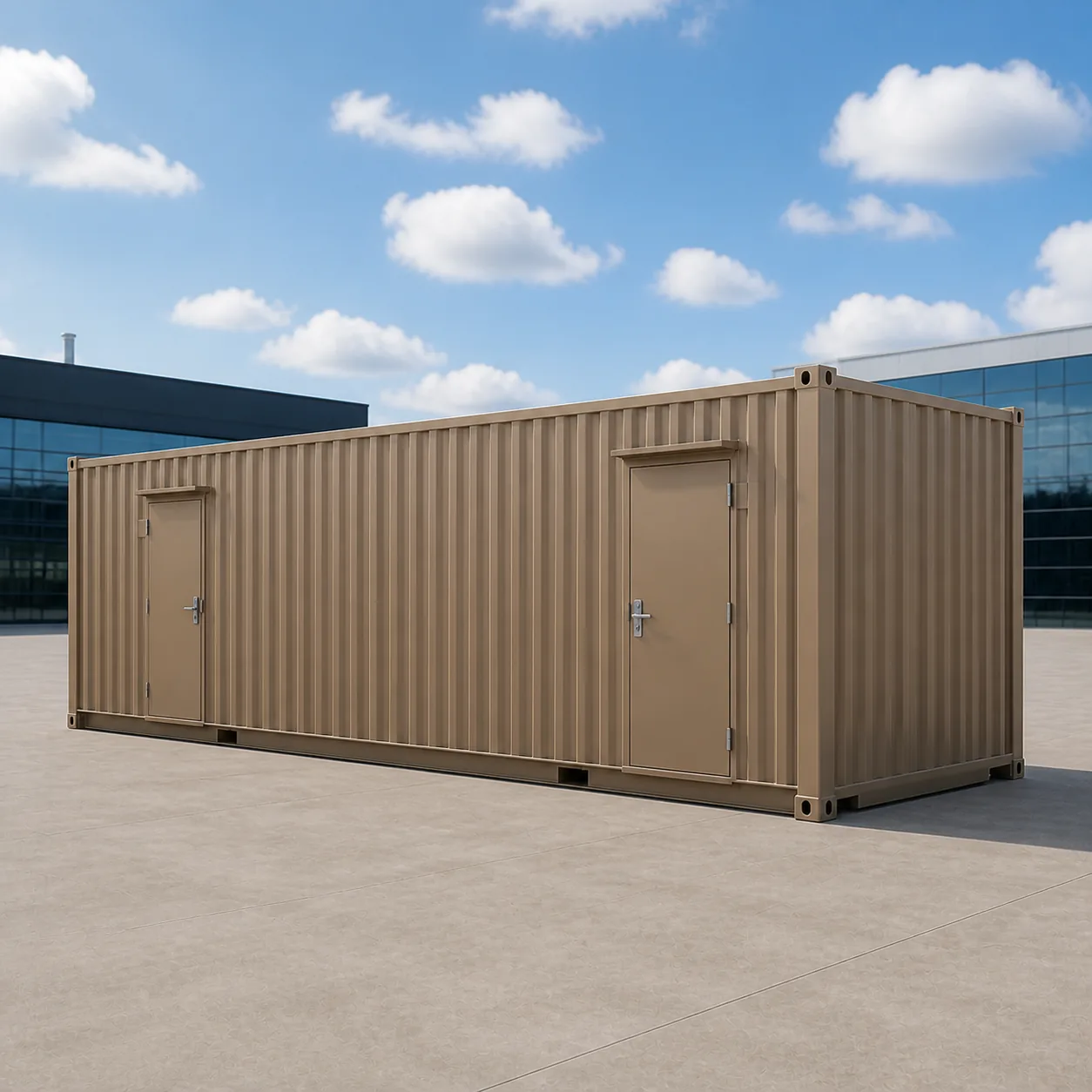Tan 40 ft ISO data center container with two secure doors along the access wall