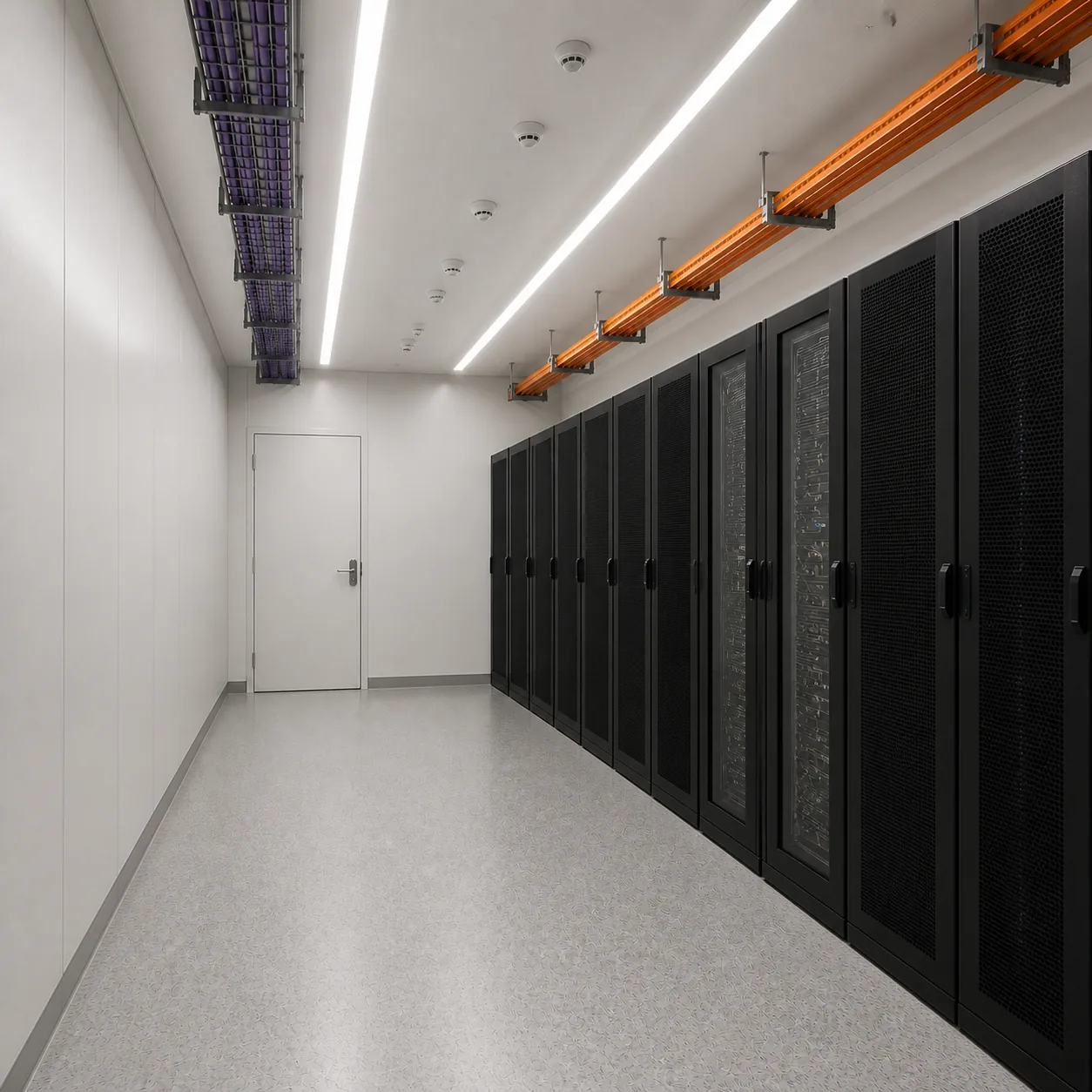 White space of the 40 ft ISO unit, eight rack bays under an orange overhead busway