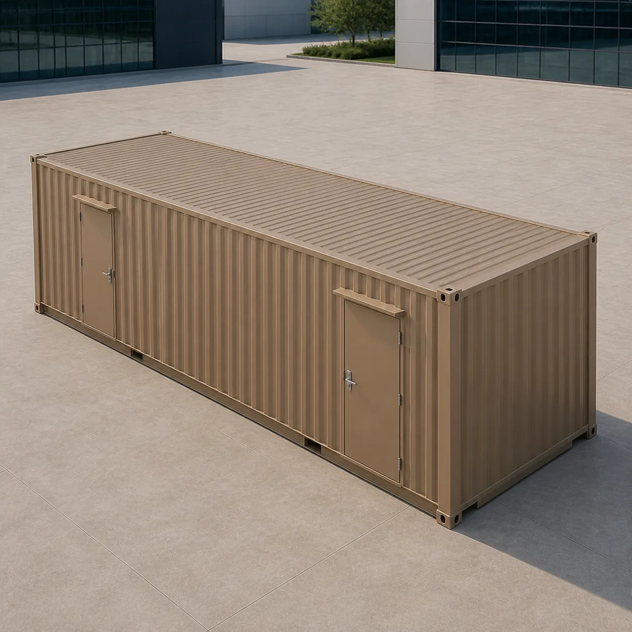 Aerial view of the tan 40 ft ISO data center container with both access doors visible