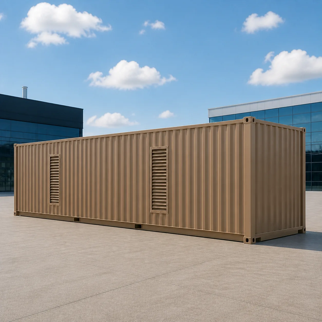 Tan 40 ft ISO data center container, two cooling louvres on the service wall