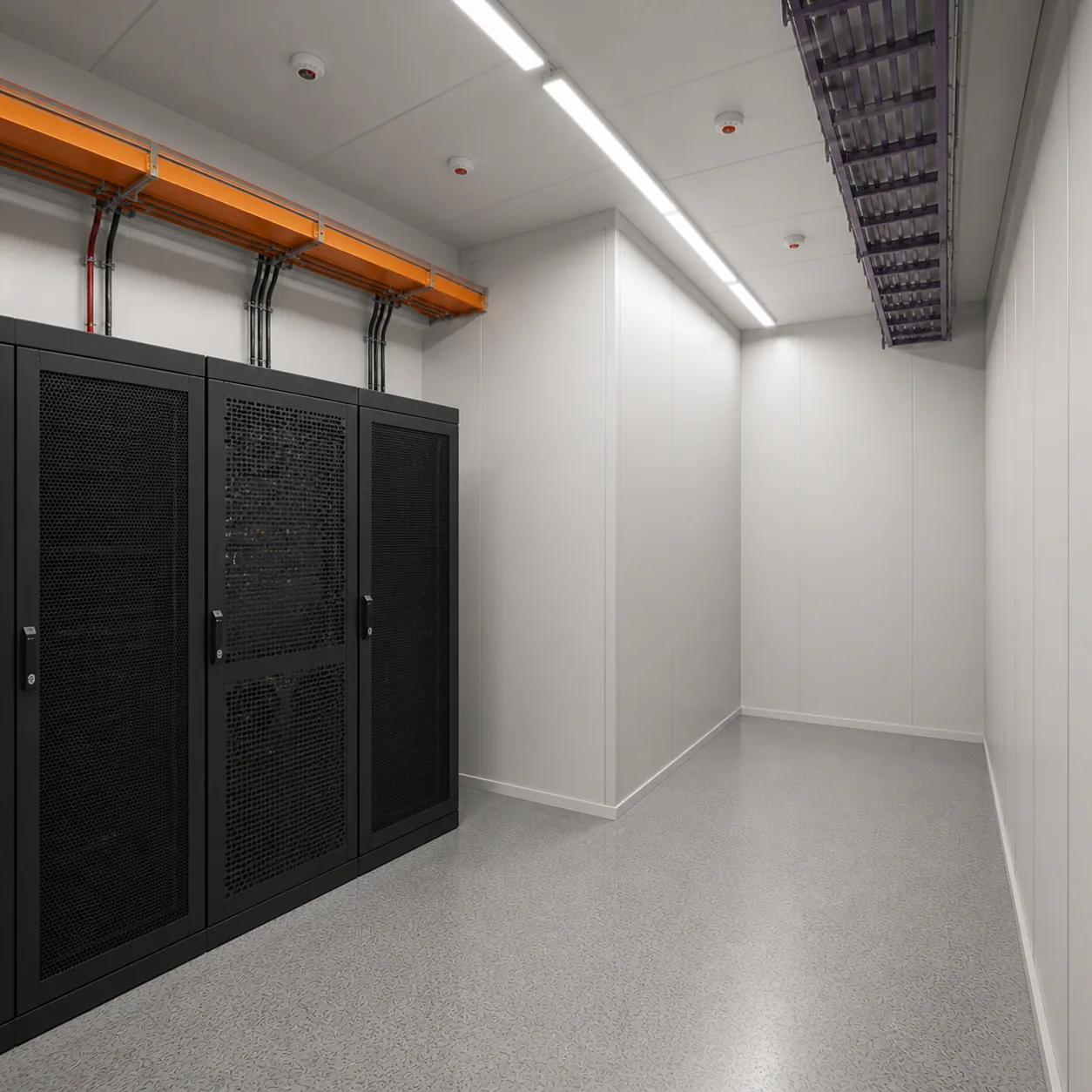 Rack bays and overhead containment inside the 53 ft high density data center container