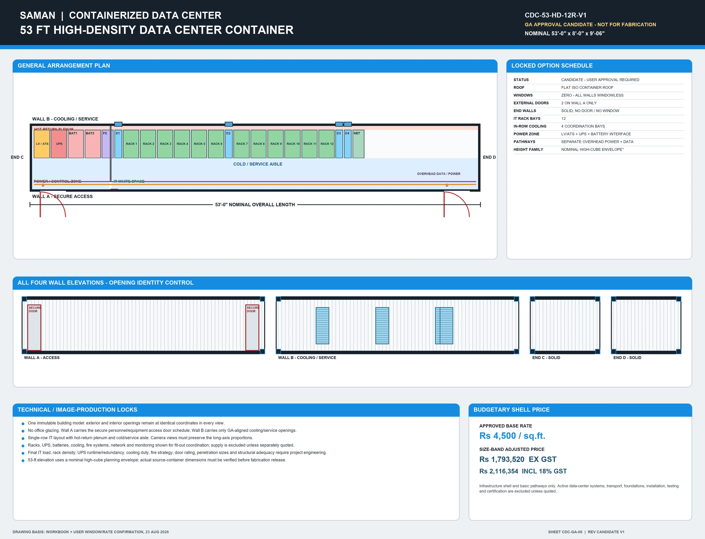 Approved general arrangement board CDC-GA-06 for the 53 ft high density data center unit
