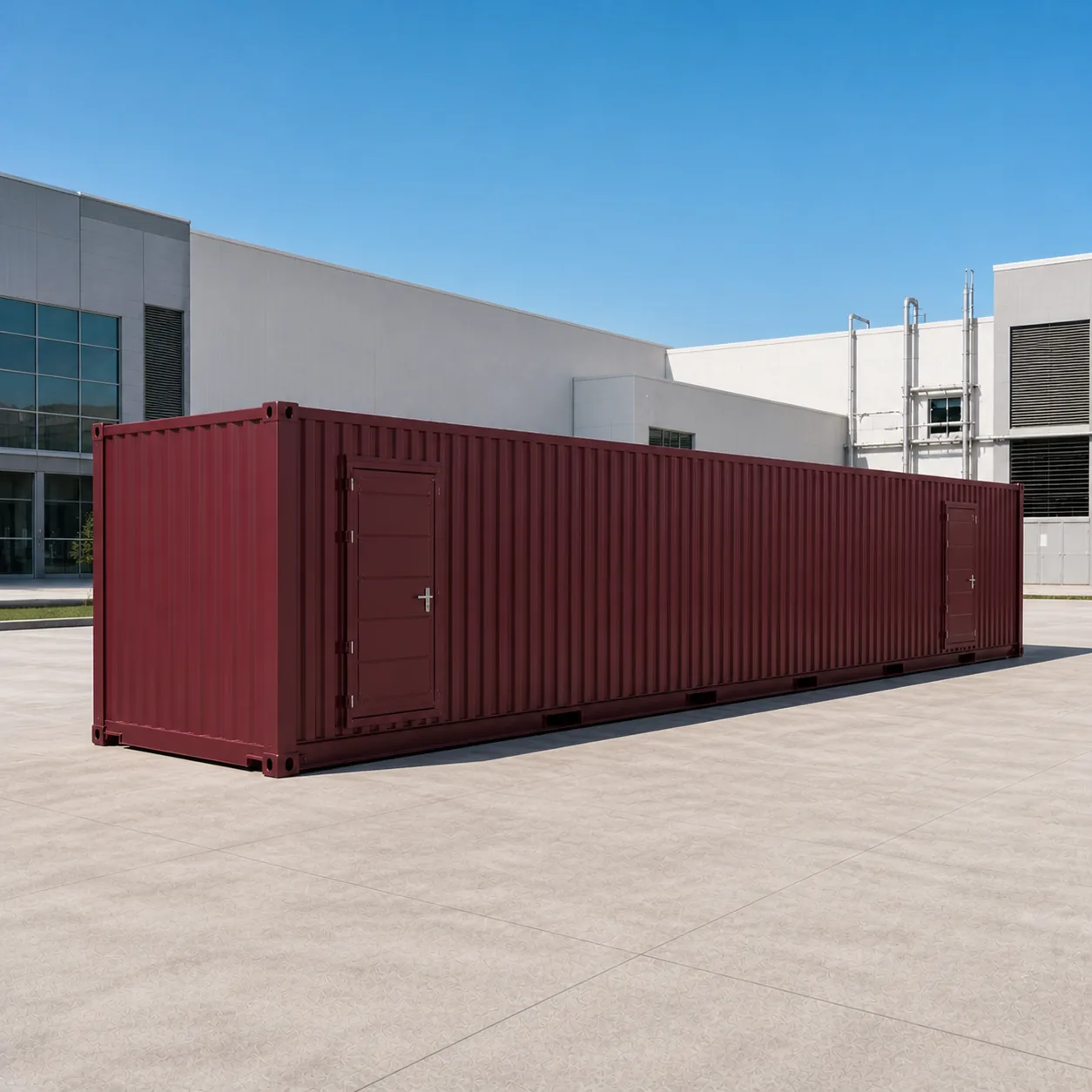 Maroon 53 ft high density data center container with two secure doors on the access wall