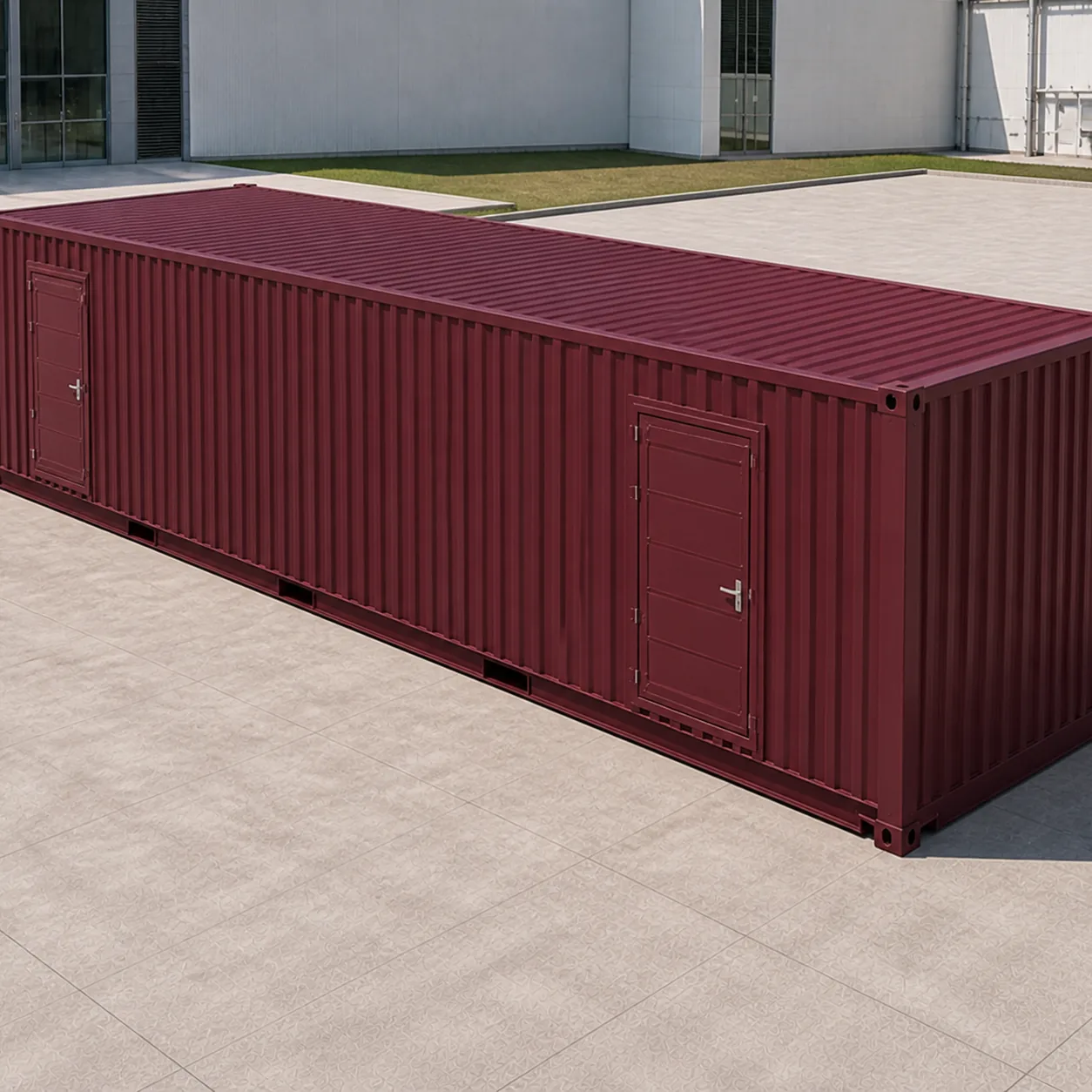 Aerial view of the maroon 53 ft high density data center container and its flat roof