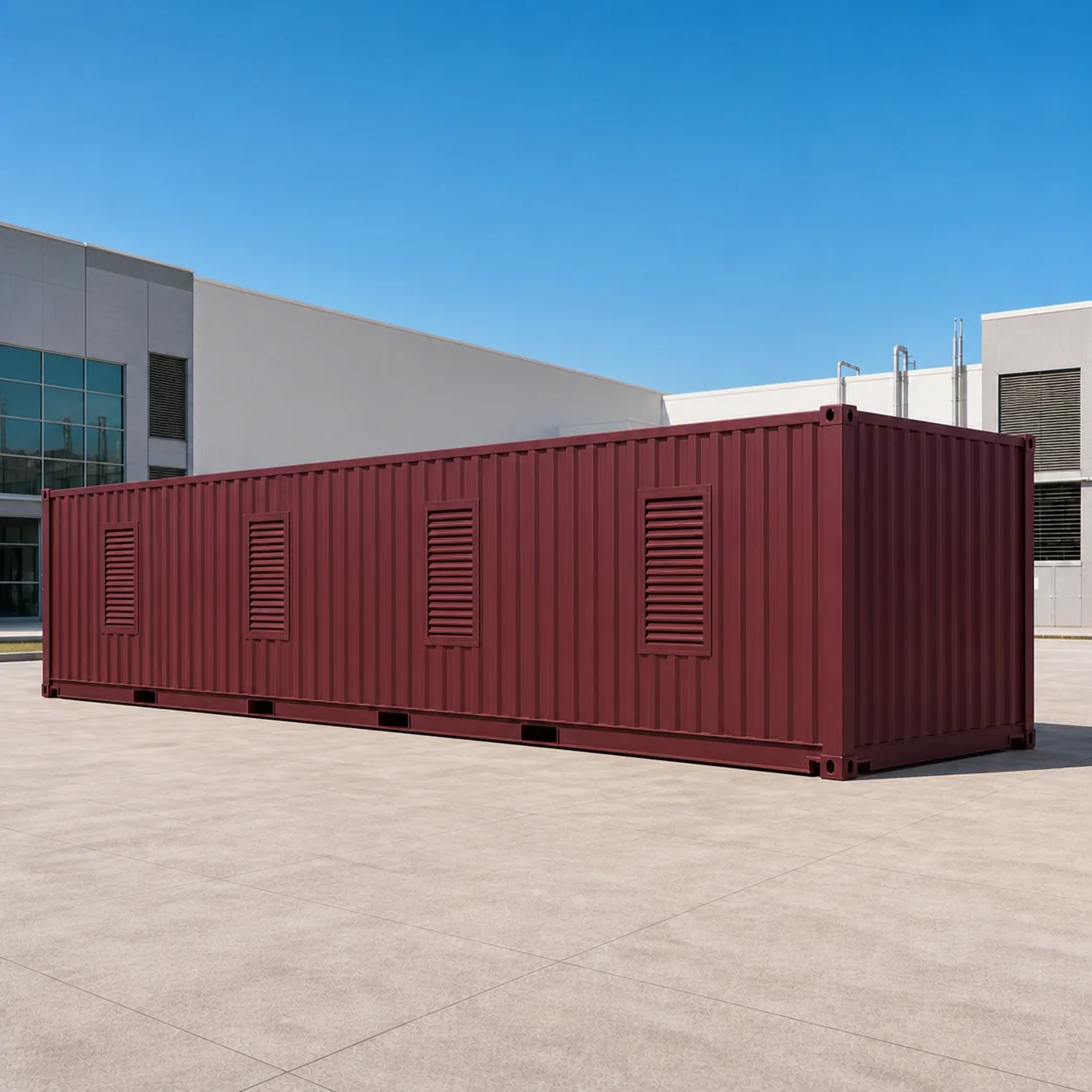 Maroon 53 ft high density data center container, four cooling louvres on the service wall