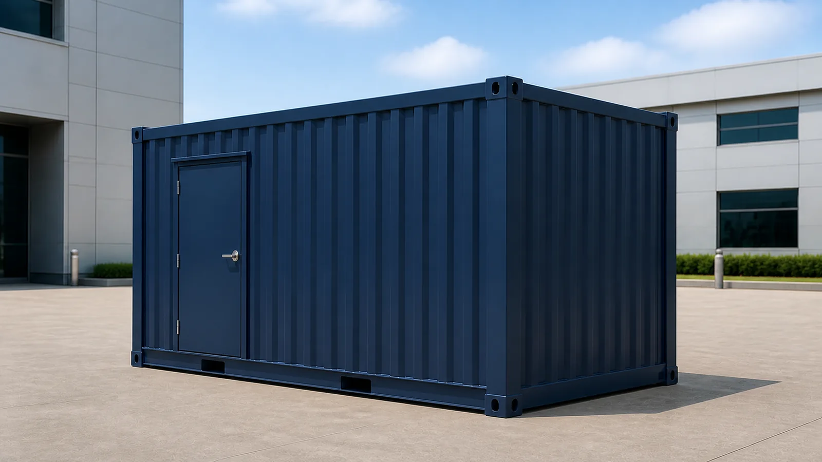 Charcoal 20 ft edge data center container in a paved yard with one secure access door