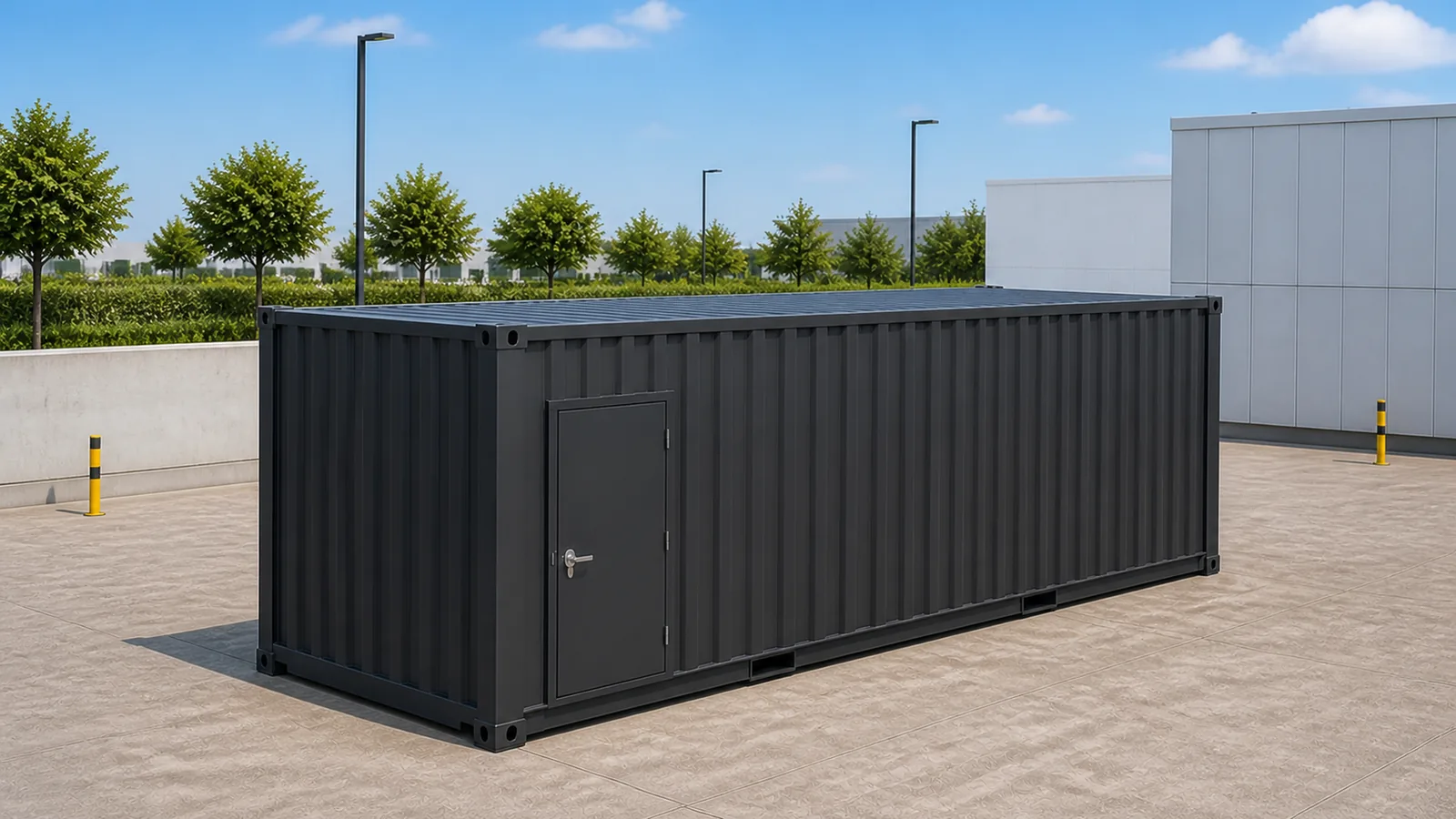 Tan 40 ft ISO data center container showing two secure doors on the access wall