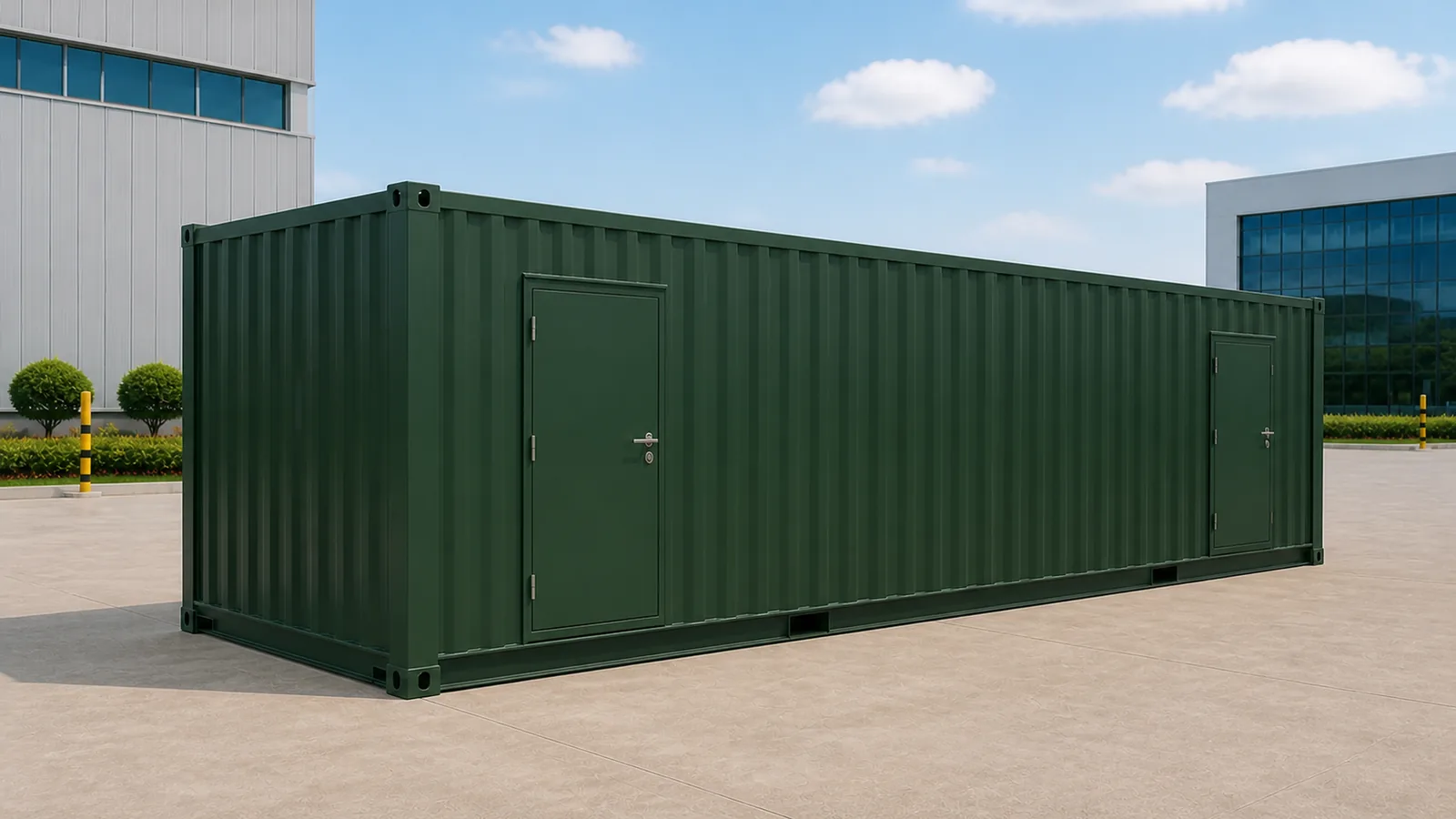 Maroon 53 ft high density data center container with four cooling louvres along the service wall