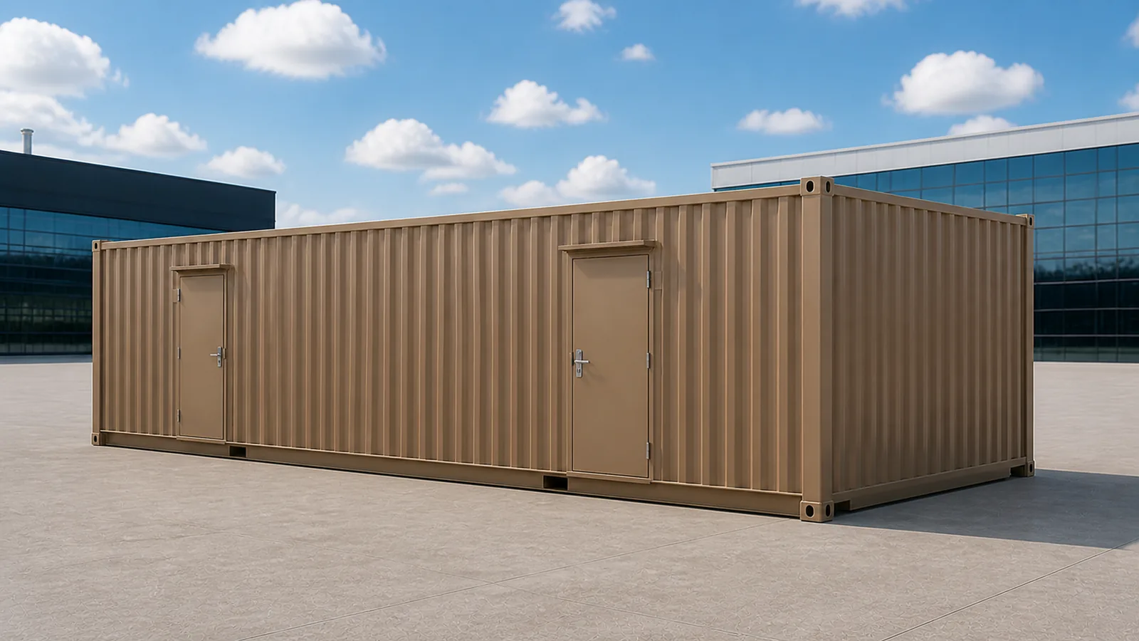 Navy 10 ft edge data center container beside an office building with one secure door