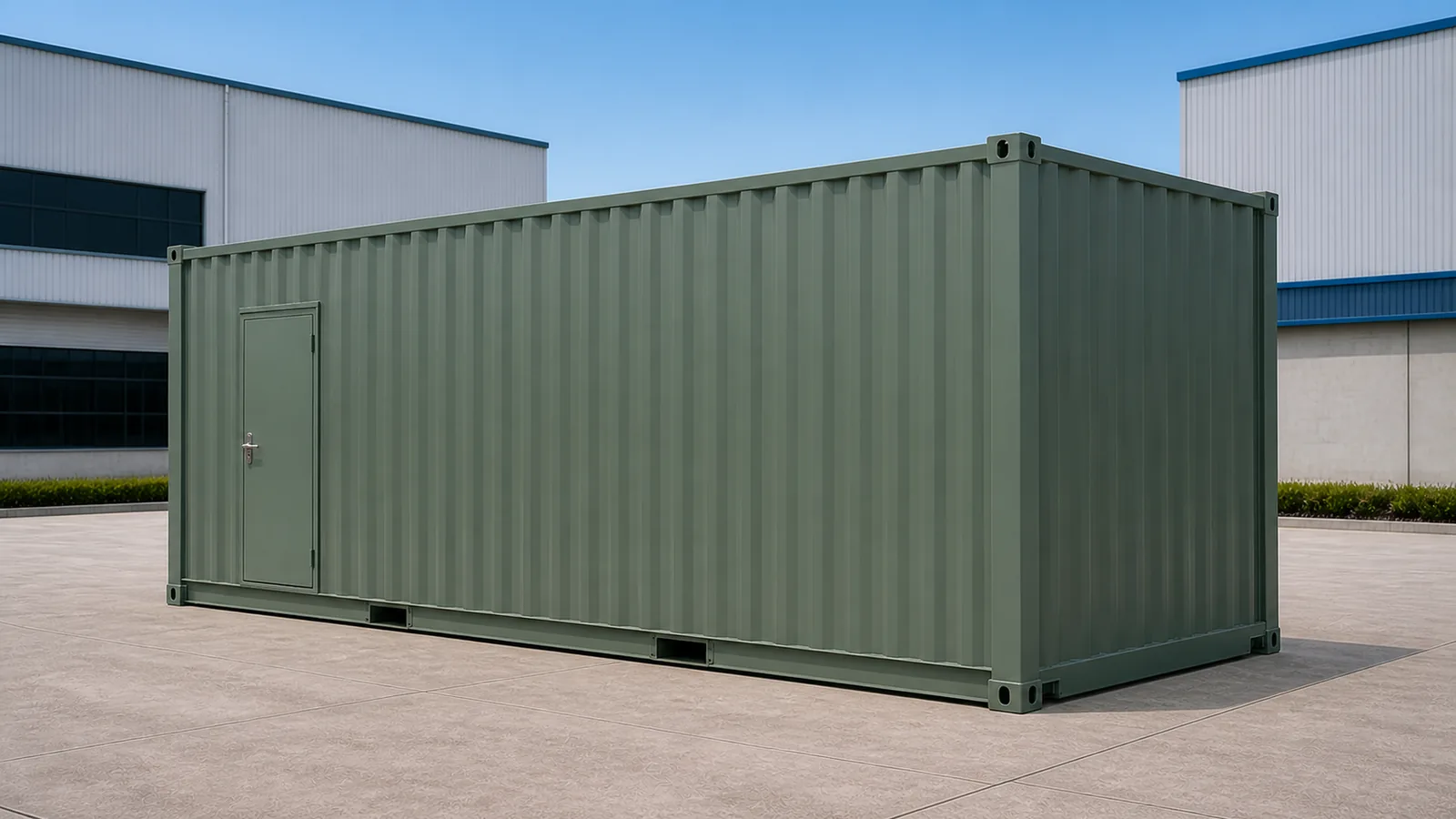 Sage green 20 ft high cube all in one data center module standing on a paved industrial yard