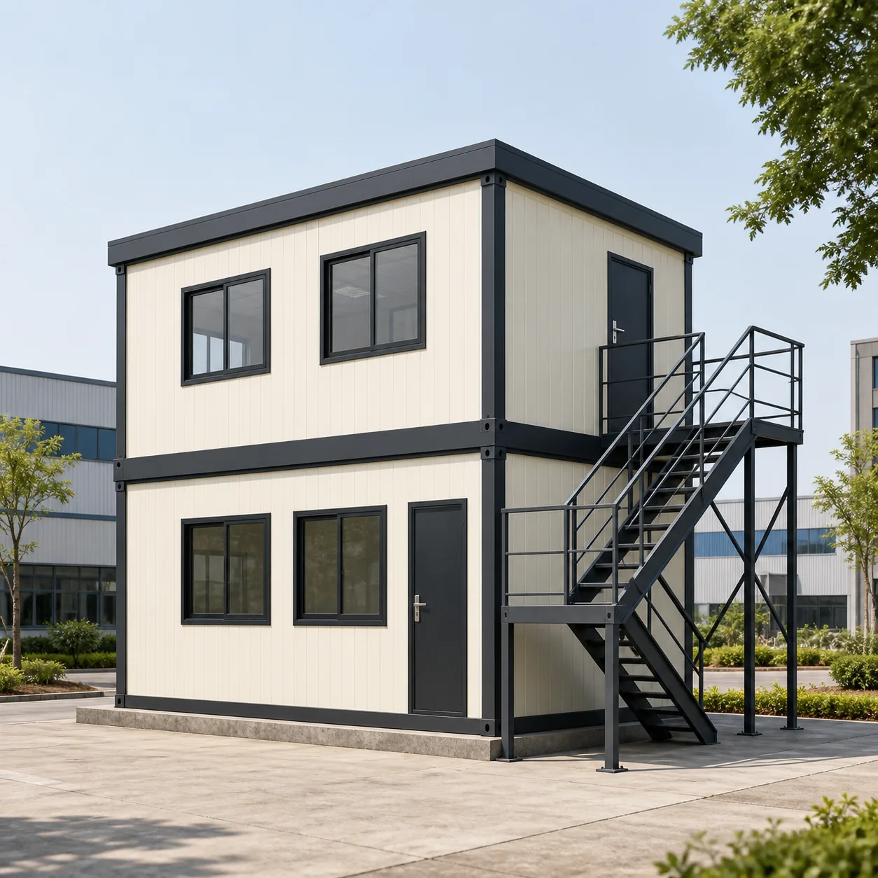 ivory double storey G+1 porta cabin with black external steel staircase and guard rails, 20x10 ft footprint