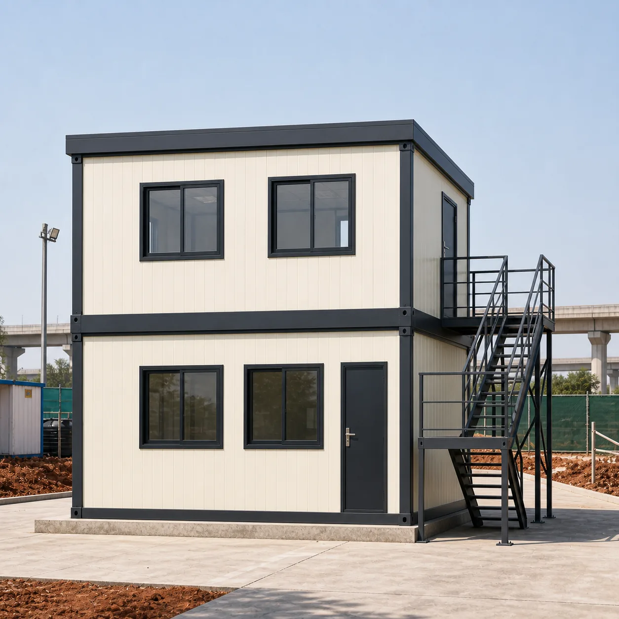 Front elevation of ivory 20x10 ft G+1 porta cabin with sliding windows on both floors