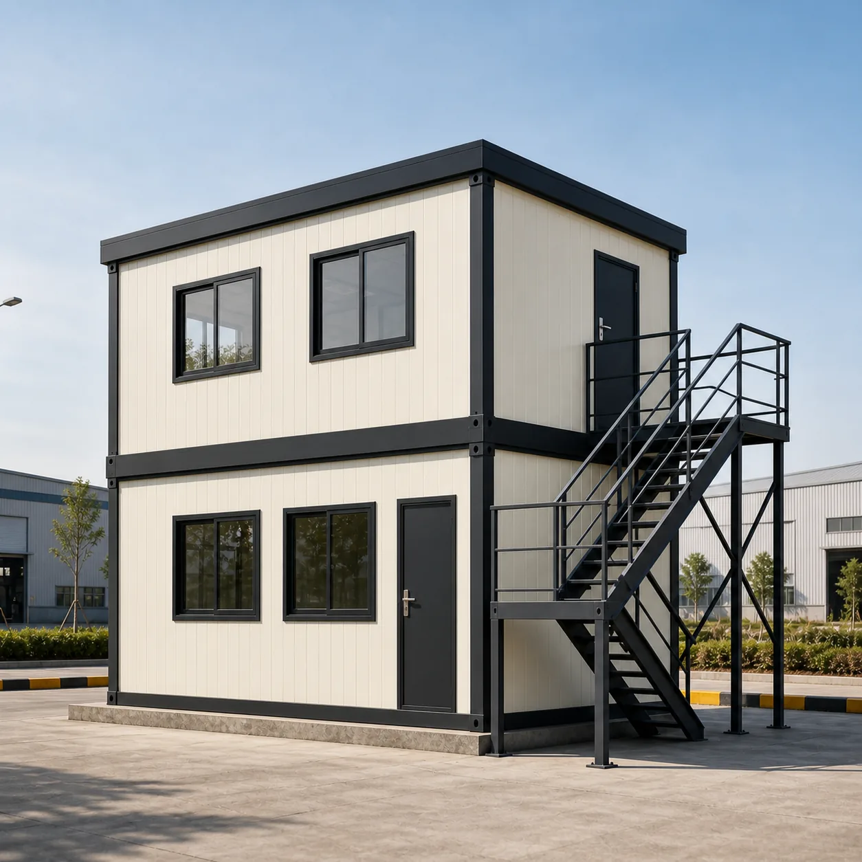 Staircase side of ivory double storey porta cabin showing landing, handrails and upper floor door