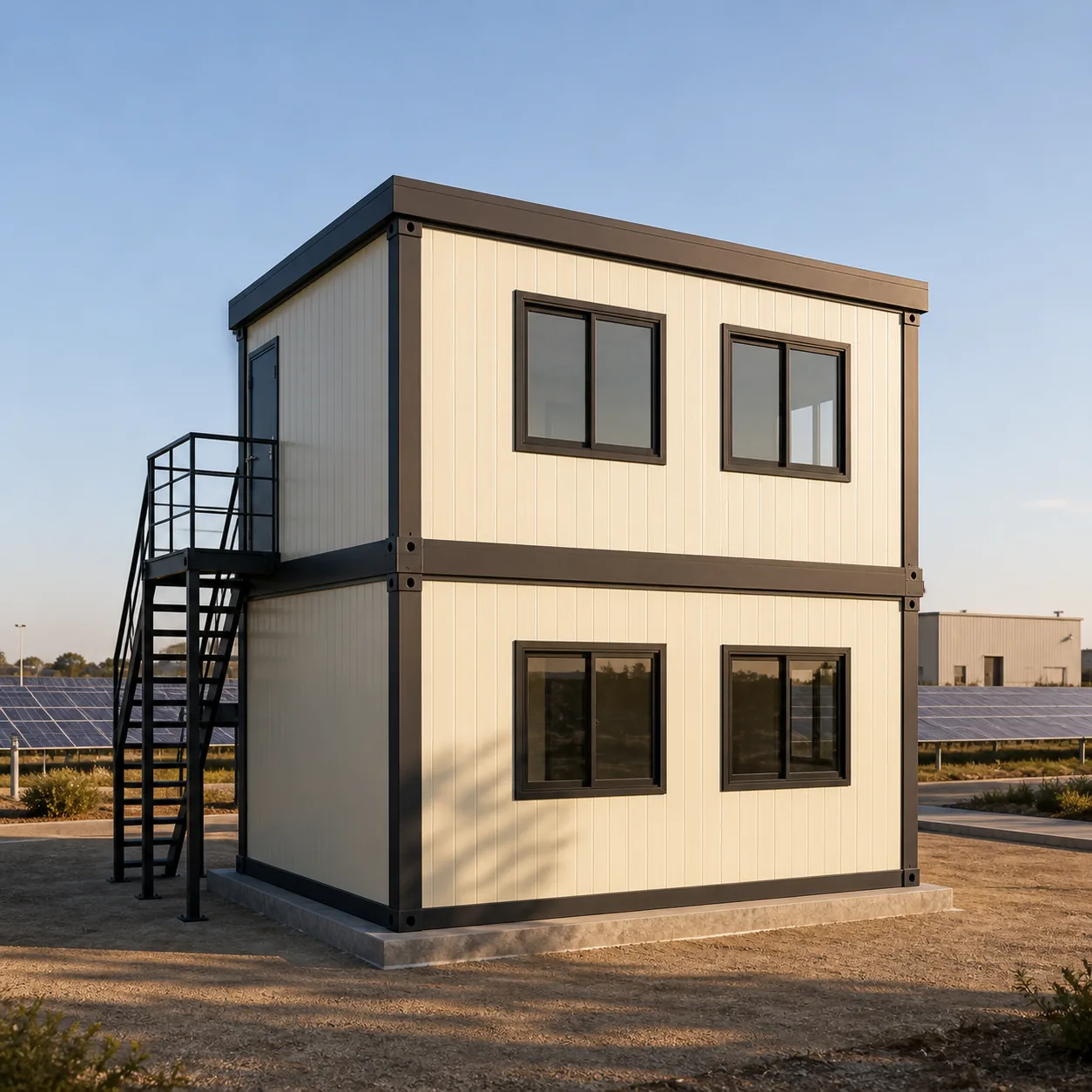 Rear angle of ivory G+1 porta cabin placed at an open site with the stair flight to the upper level