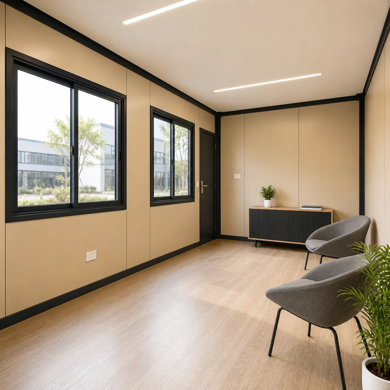 Ground floor interior of the 20x10 ft double storey porta cabin with panel walls, sliding windows and vinyl floor