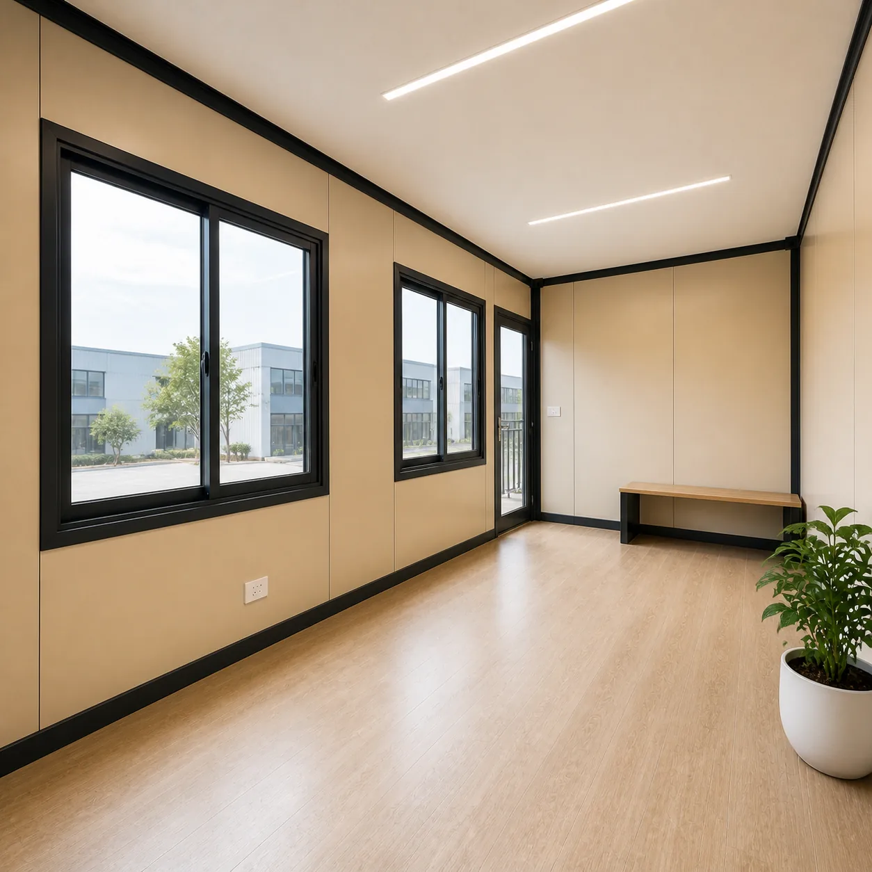 Upper floor interior of the 20x10 ft double storey porta cabin with strip lighting and balcony access door