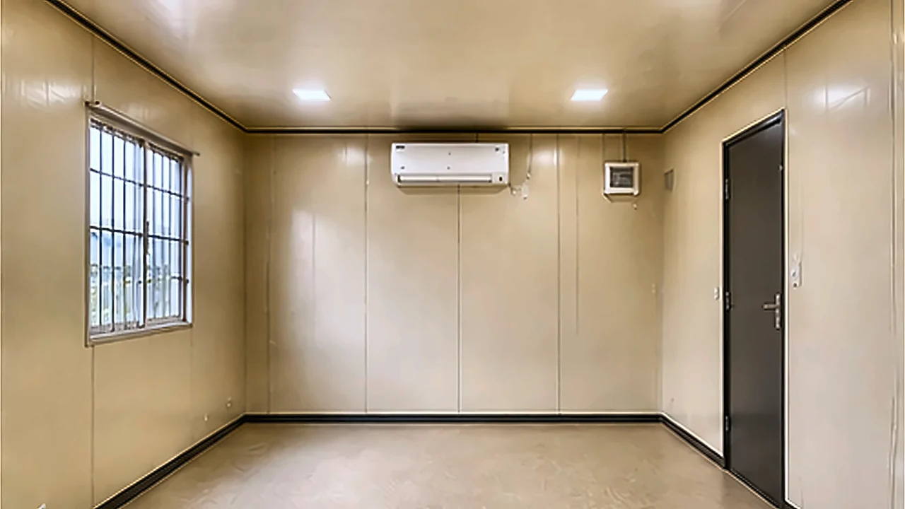 Beige panel interior room of the double storey porta cabin with air-conditioner, exhaust unit and steel door