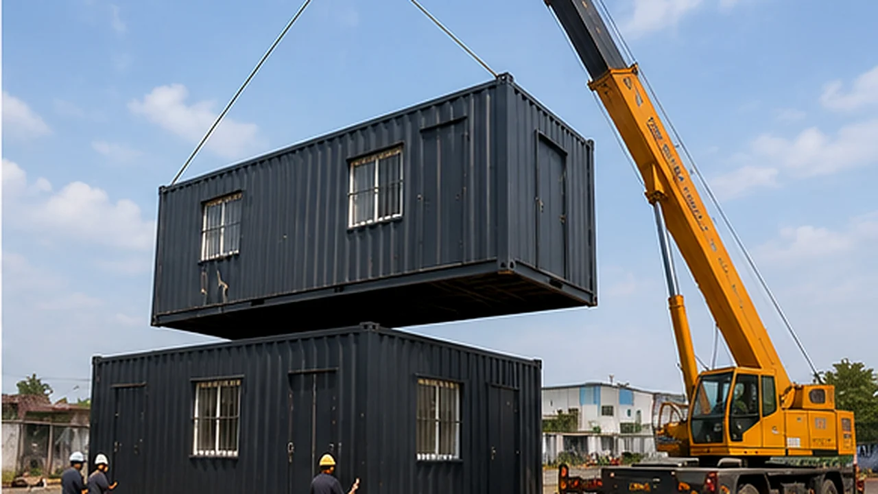 Mobile crane lifting the upper module of a double storey porta cabin onto the ground floor module