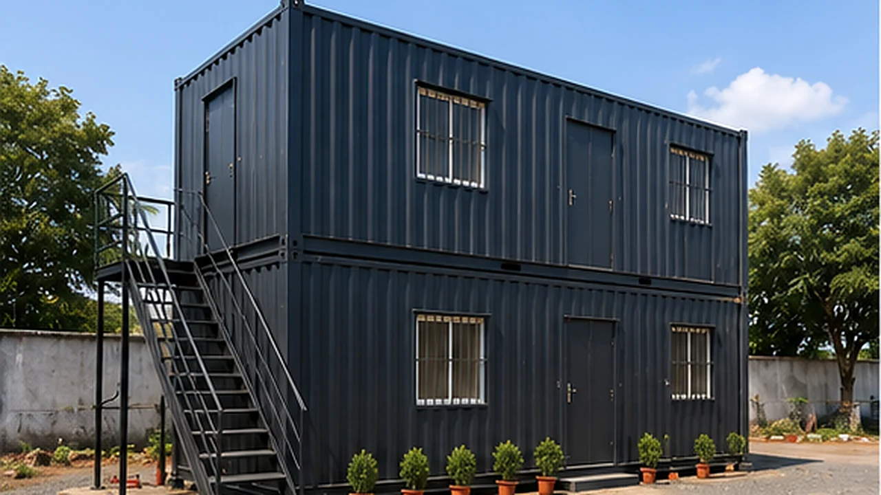 Dark grey double storey G+1 porta cabin with window grills, external staircase and planters at the base