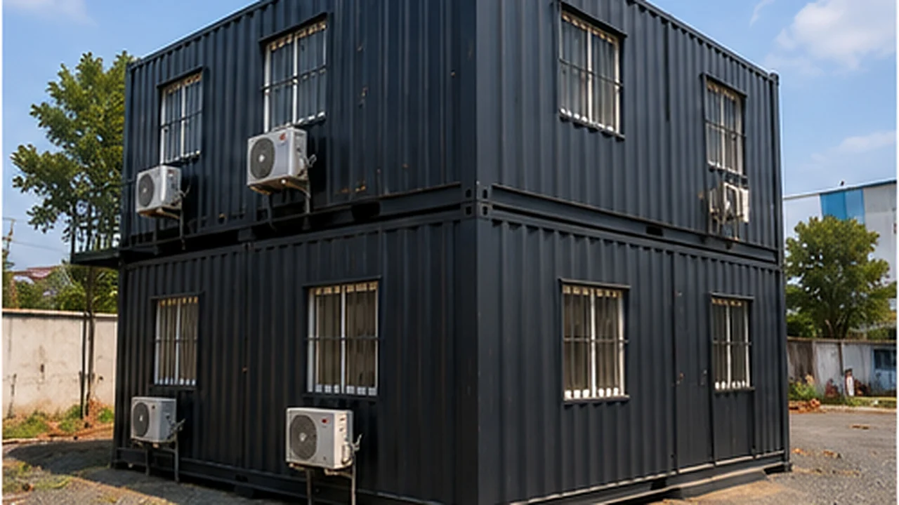 Rear elevation of the stacked porta cabin with air-conditioner units mounted at both floor levels