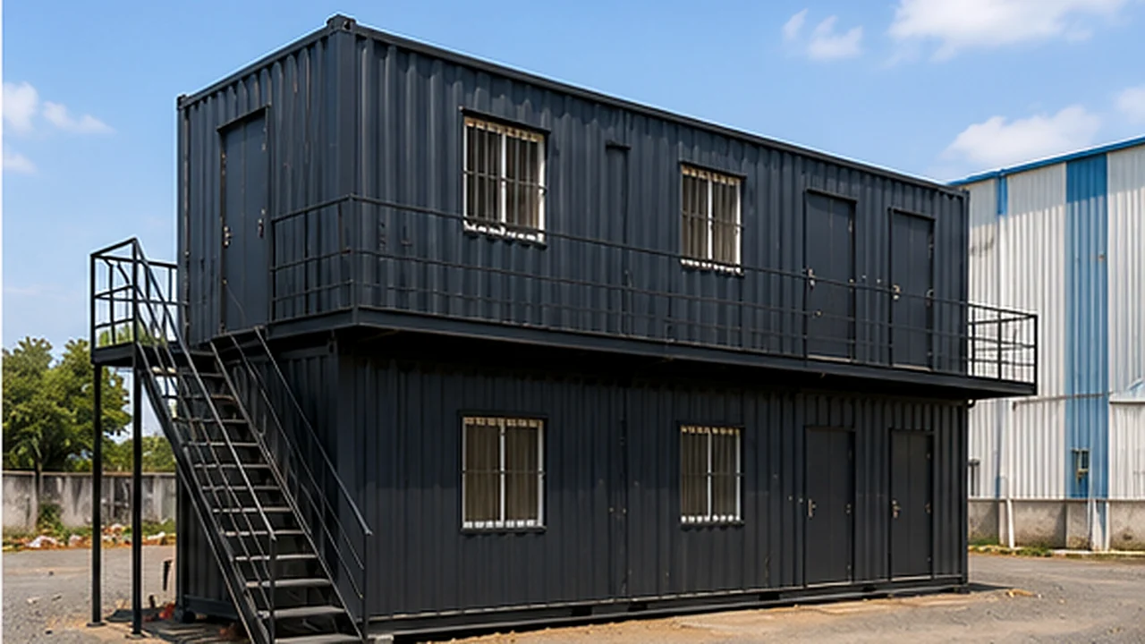 Side view of the dark grey G+1 porta cabin showing the stair flight, upper walkway rail and door positions