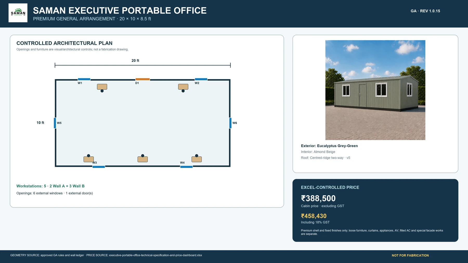 Approved GA plan of the 20x10 ft executive portable office: six windows, one door, five workstations on both long walls