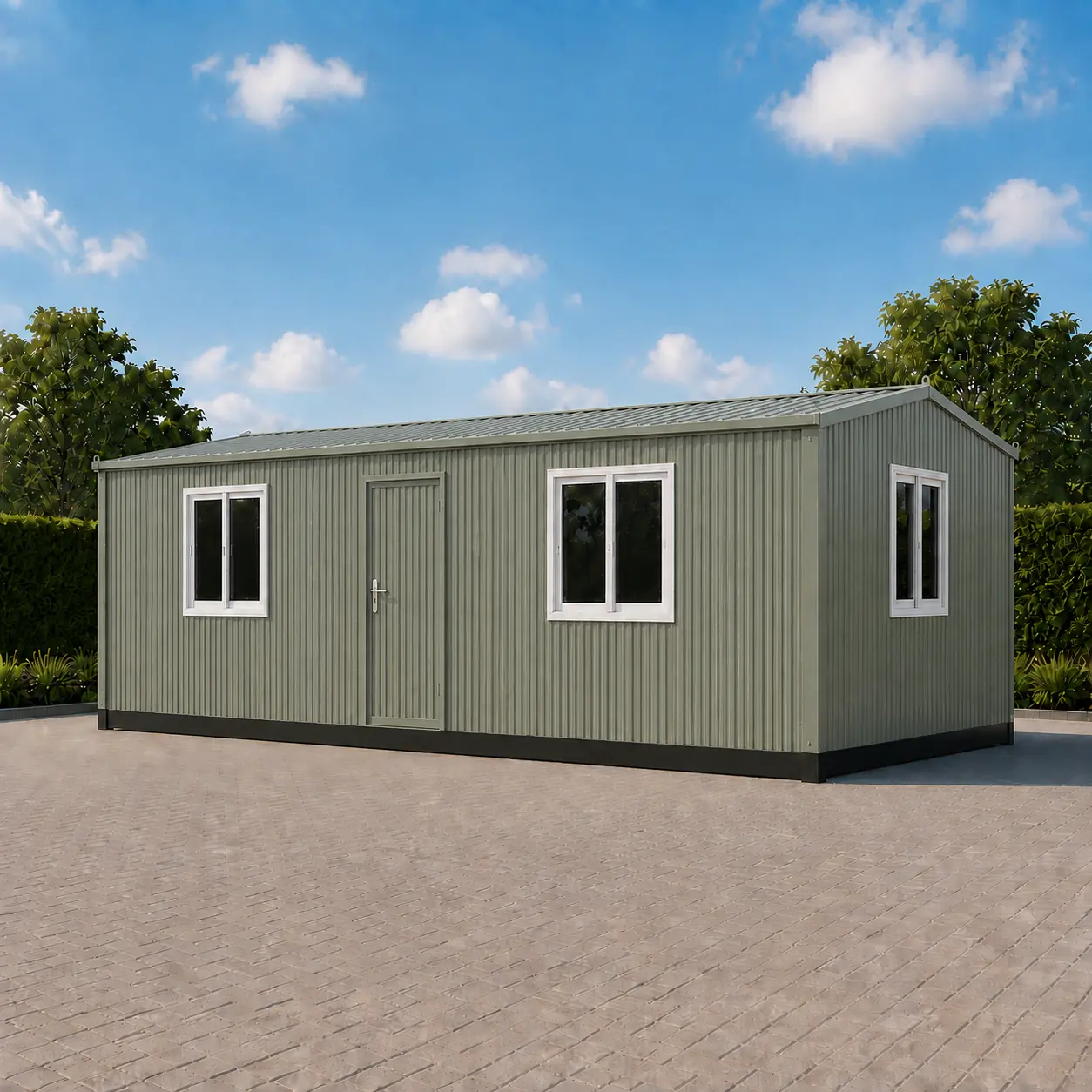 20x10 ft executive portable office frontage with the external door centred between two Wall A windows