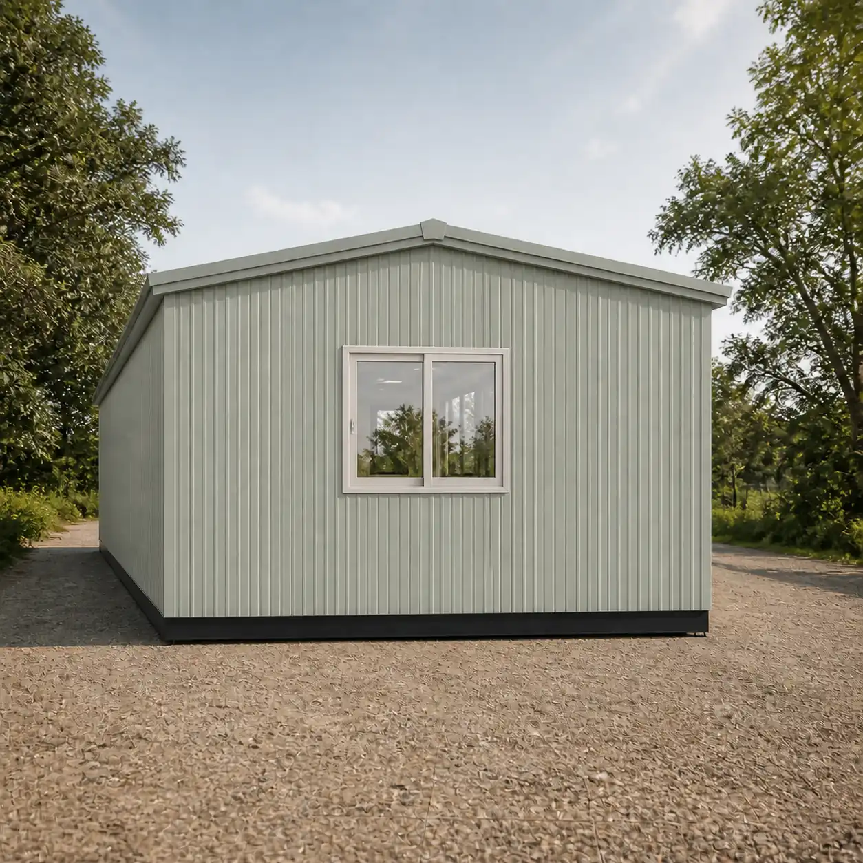 Gable end of the 20x10 ft executive portable office, centred-ridge two-way roof, one end-wall window