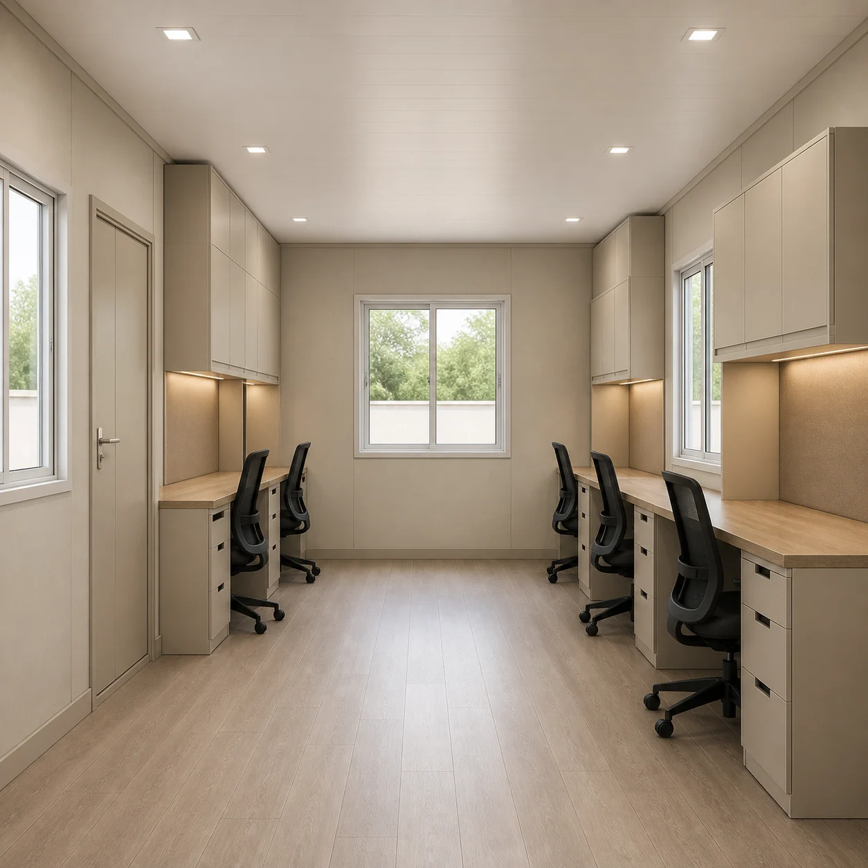 Inside the 20x10 ft executive portable office: five workstations, two on Wall A and three on Wall B, with a working aisle