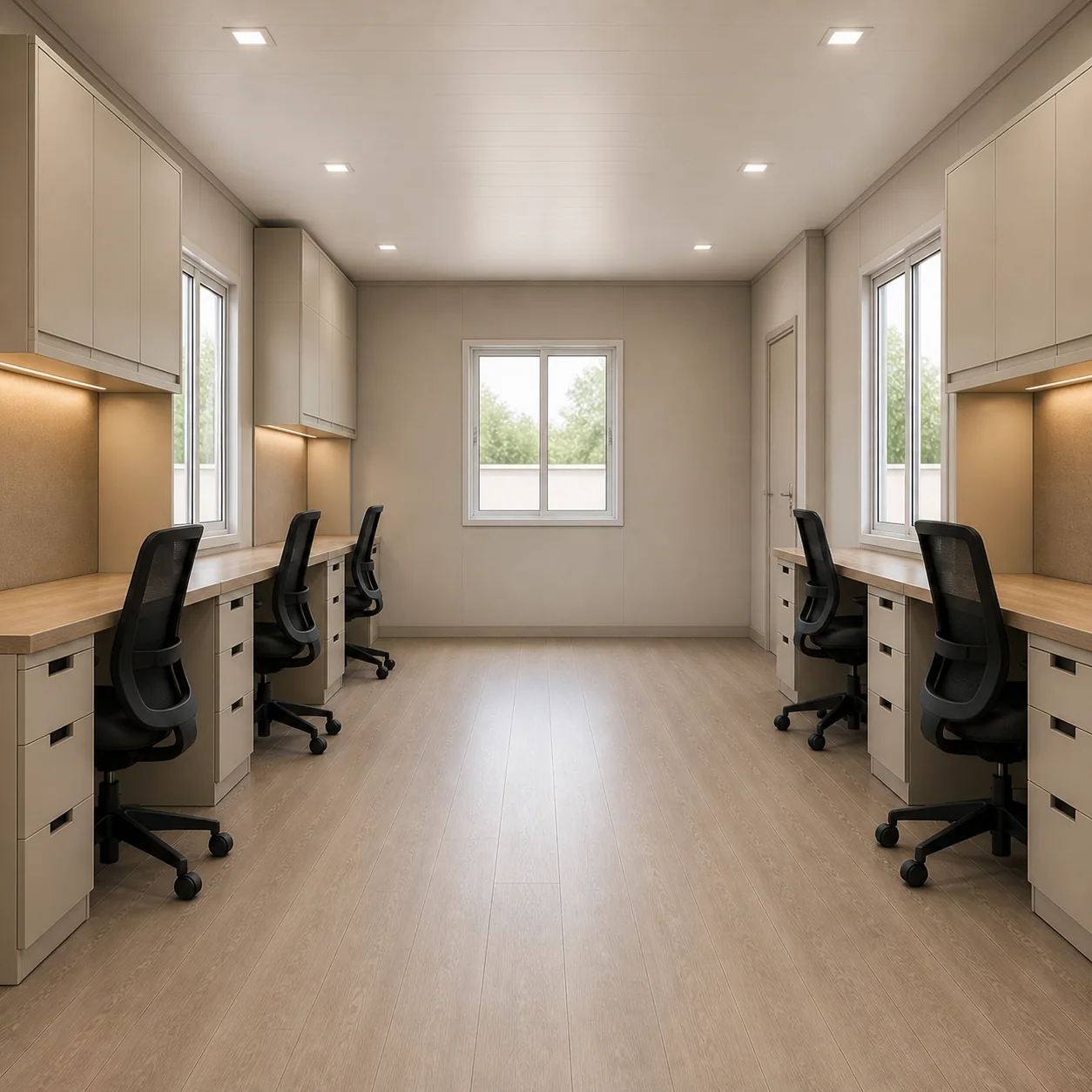 Reverse interior of the 20x10 ft executive portable office showing seating on both long walls