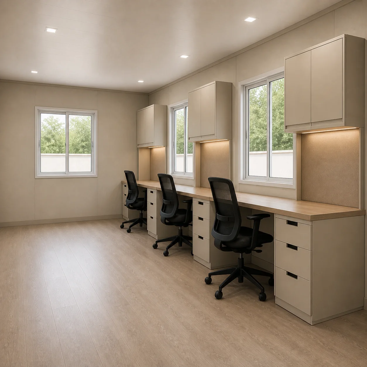 Workstation detail in the 20x10 ft executive portable office, the 200 sq ft base-rate footprint